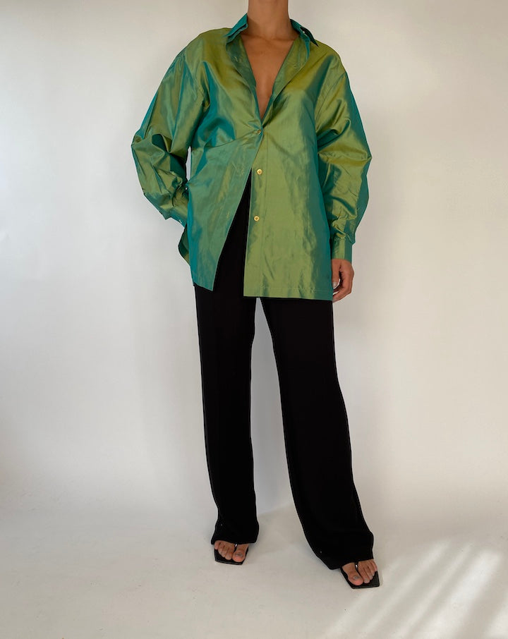 VINTAGE GREEN SHIMMERY BUTTON DOWN BLOUSE/SHIRT 2331