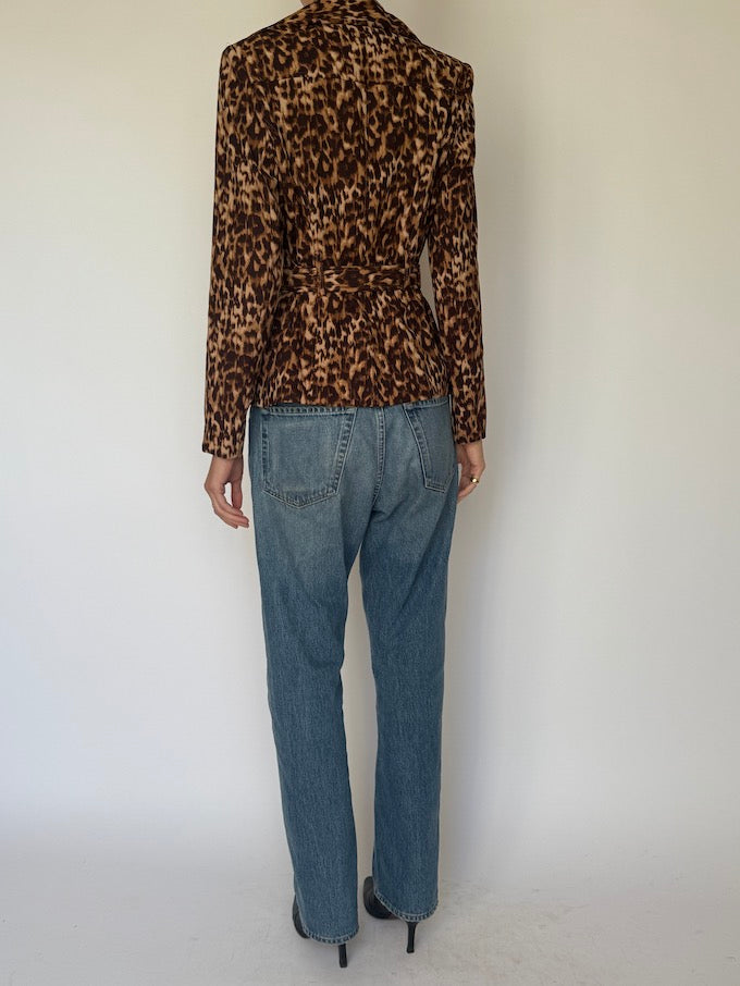 Vintage Leopard Print Belted Blazer Brown 6627