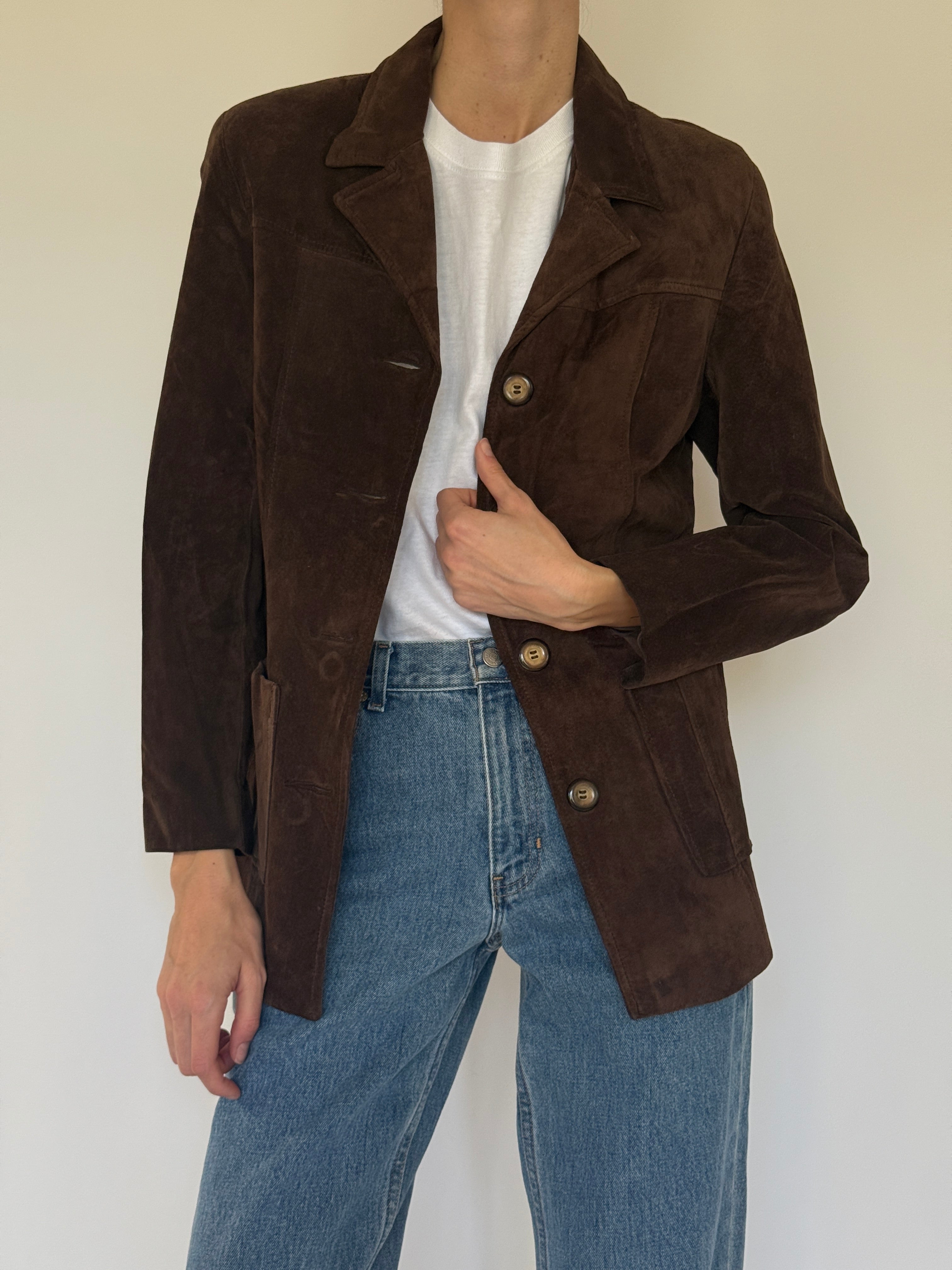 Vintage brown suede jacket button detail close-up