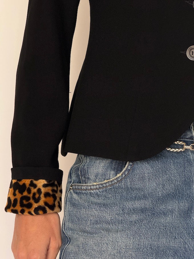 Vintage Black Blazer with Leopard Trim 6628