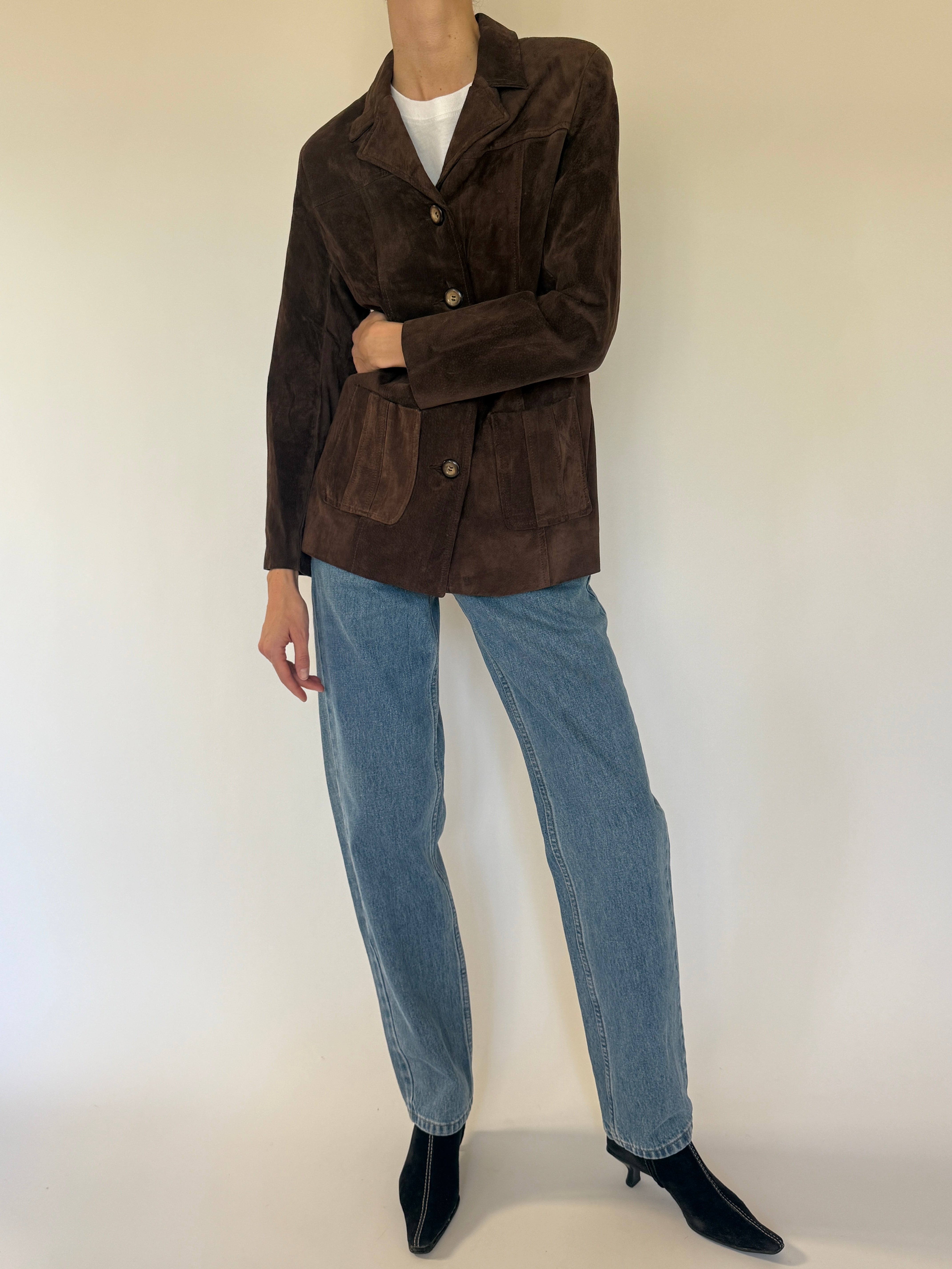 Vintage brown suede button jacket front view with patch pockets