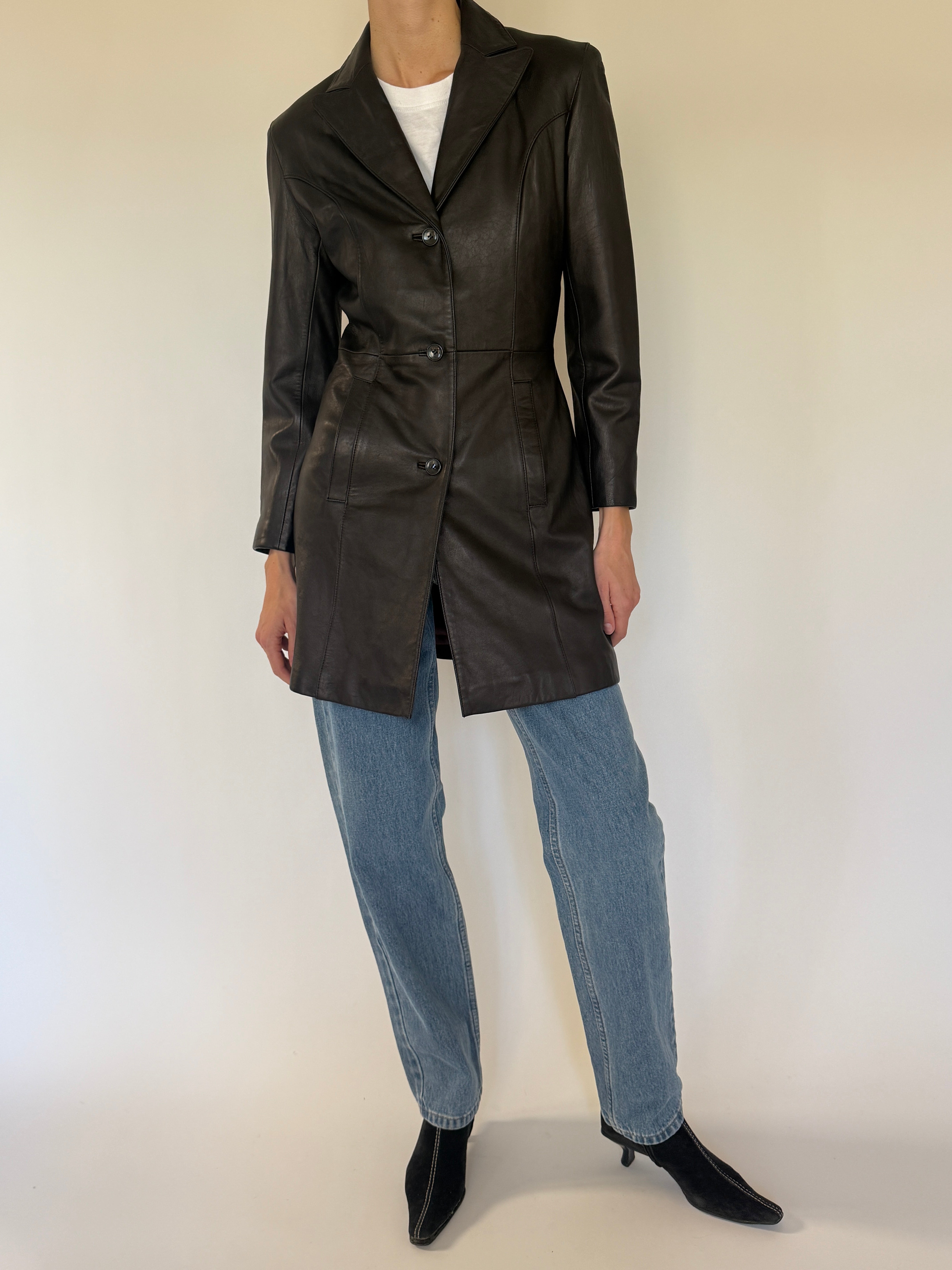 Vintage dark brown leather jacket front view