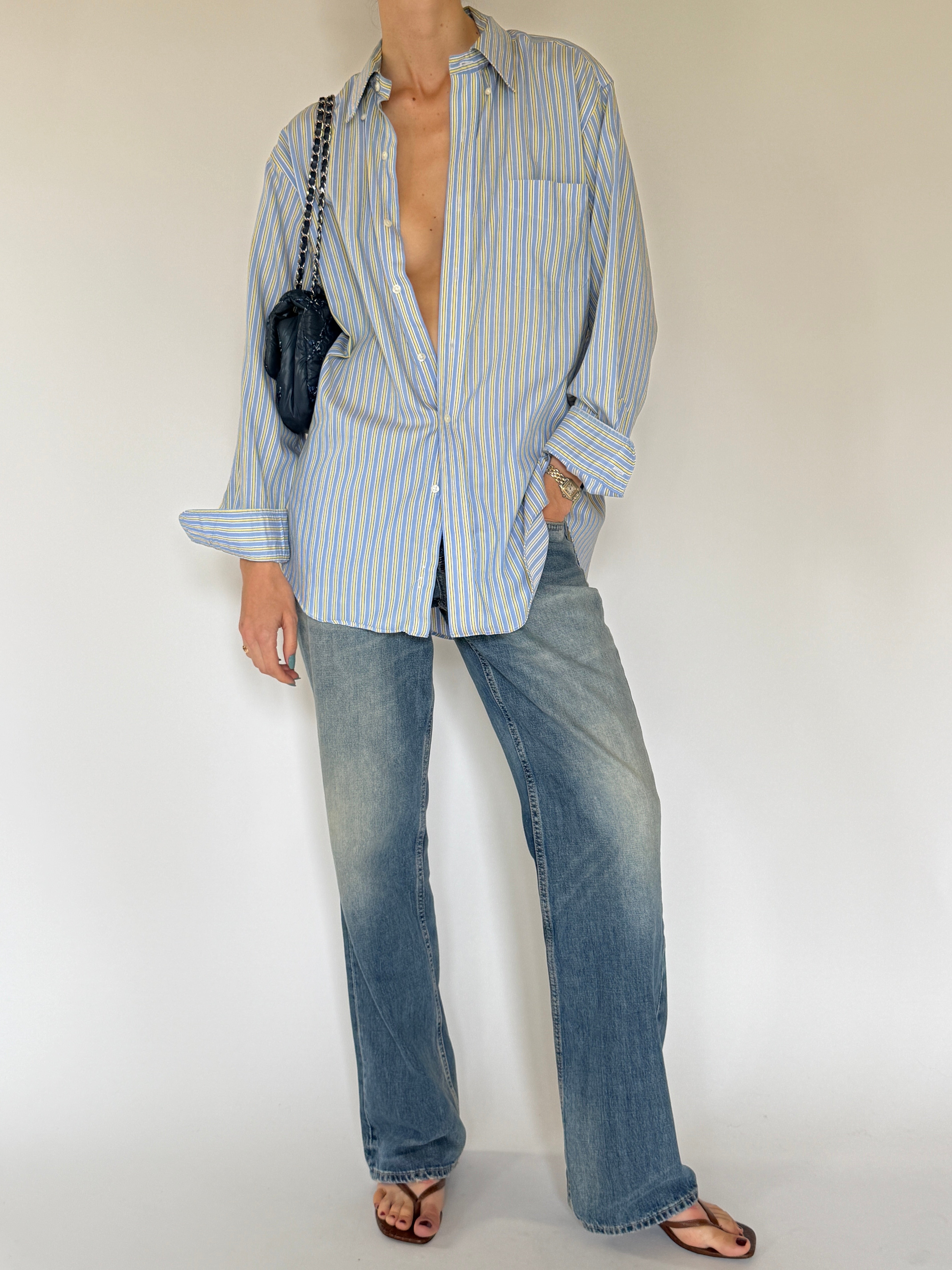 Vintage oversized striped cotton shirt worn with denim