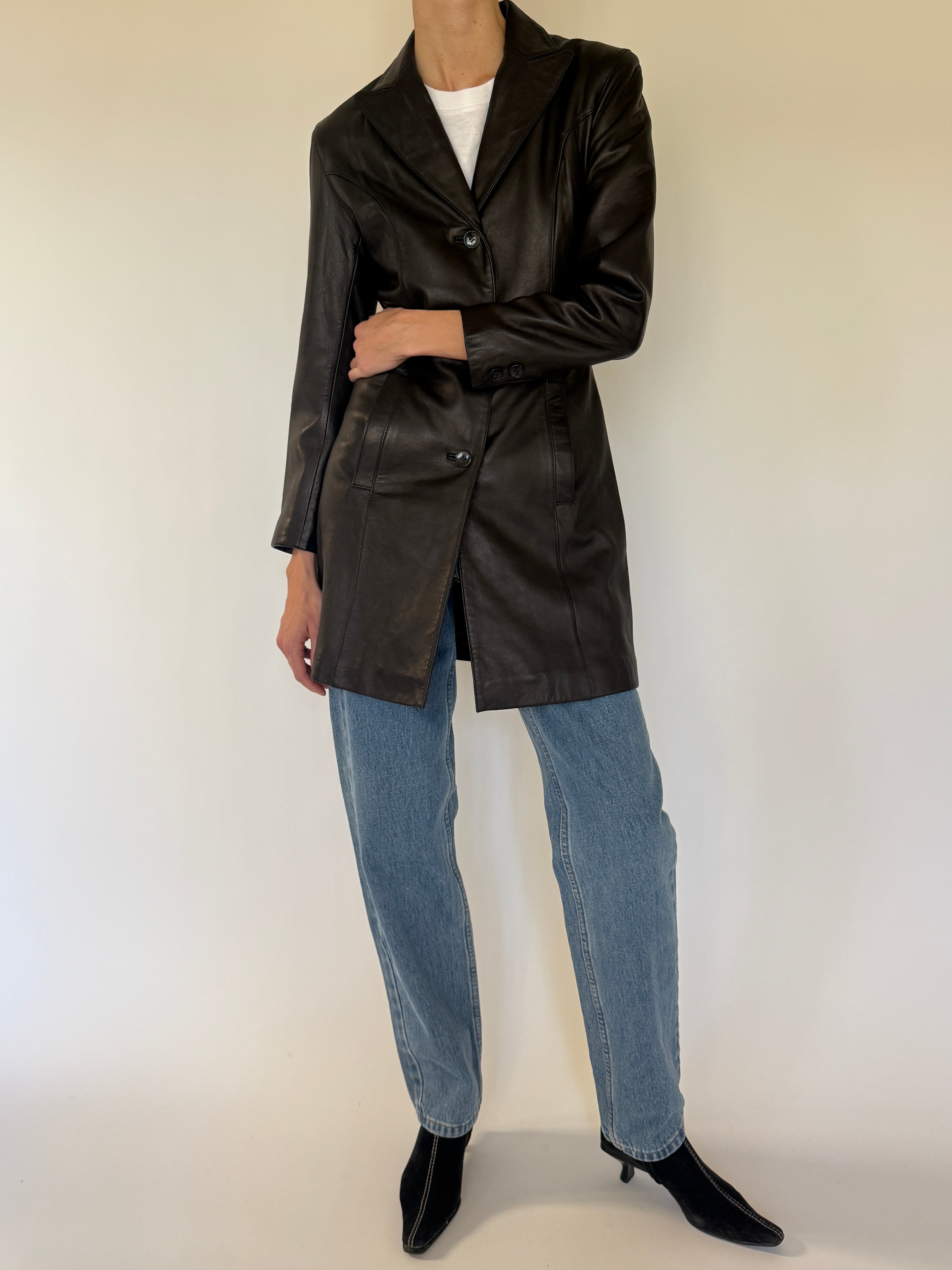 Vintage dark brown leather jacket tailored seam detail