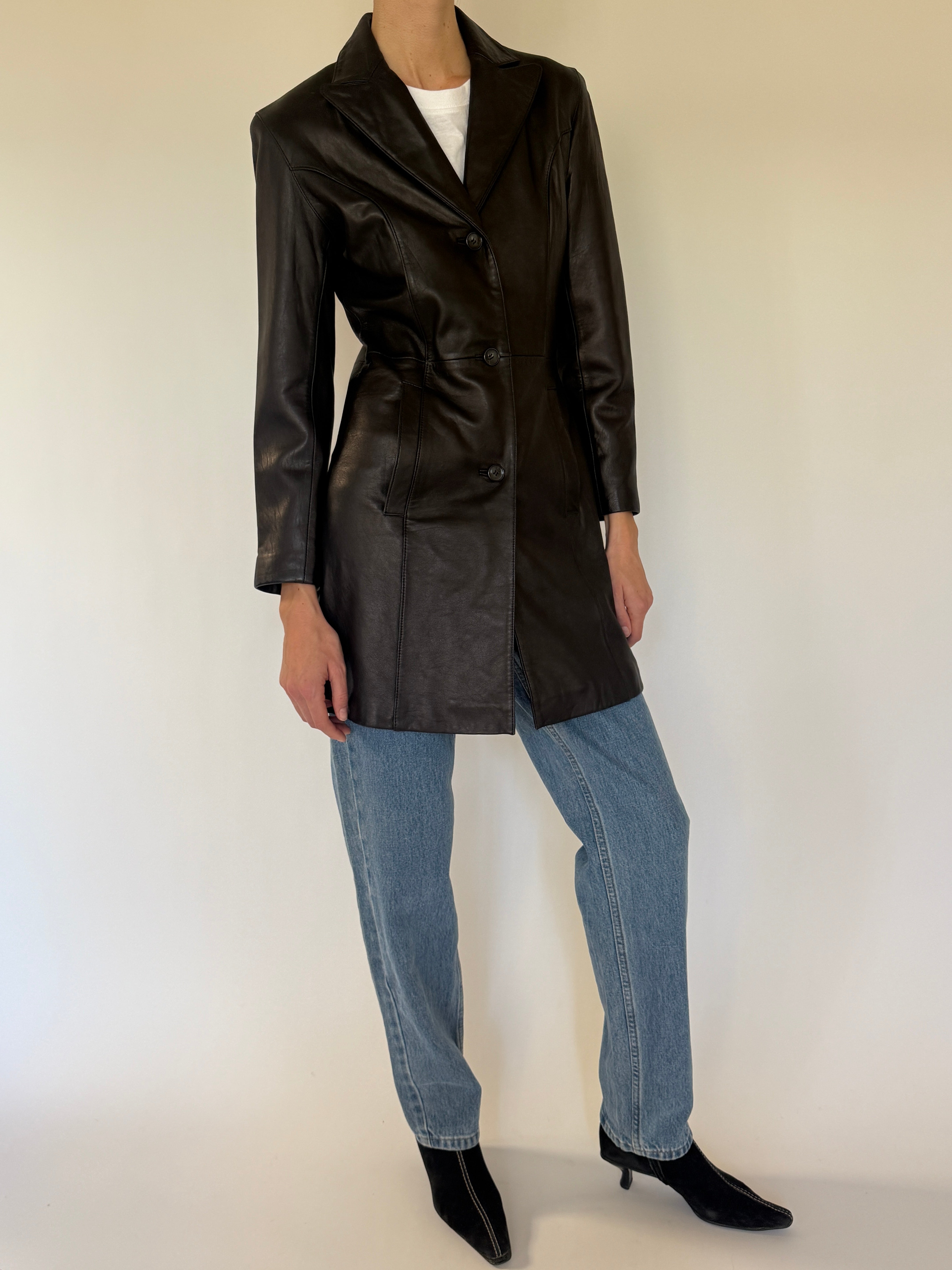 Vintage dark brown leather jacket front view
