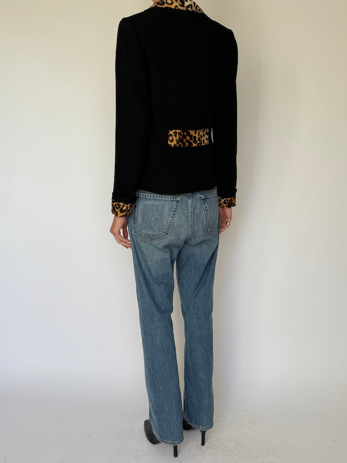 Vintage Black Blazer with Leopard Trim 6628