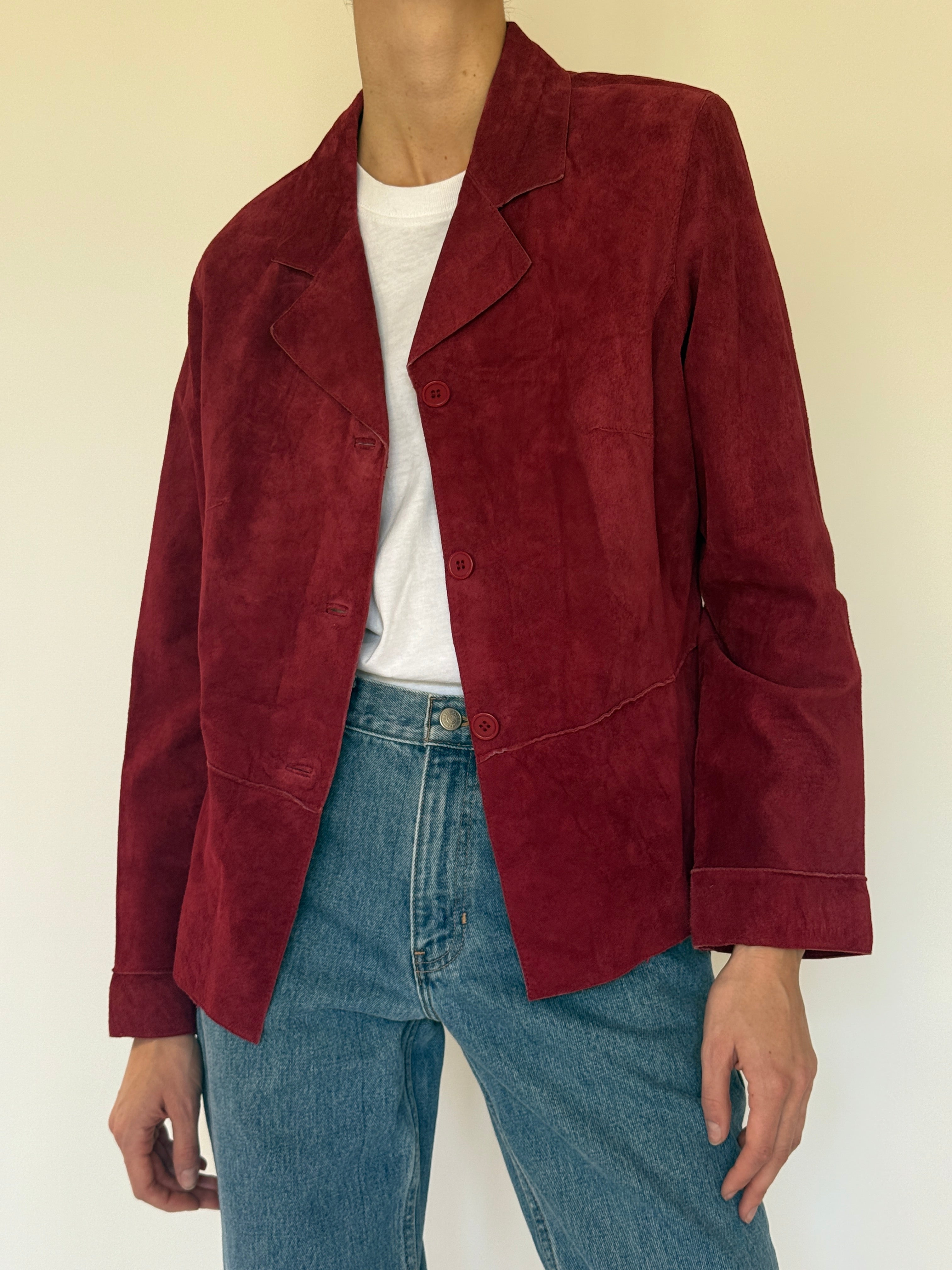 Vintage red suede leather jacket sleeve detail