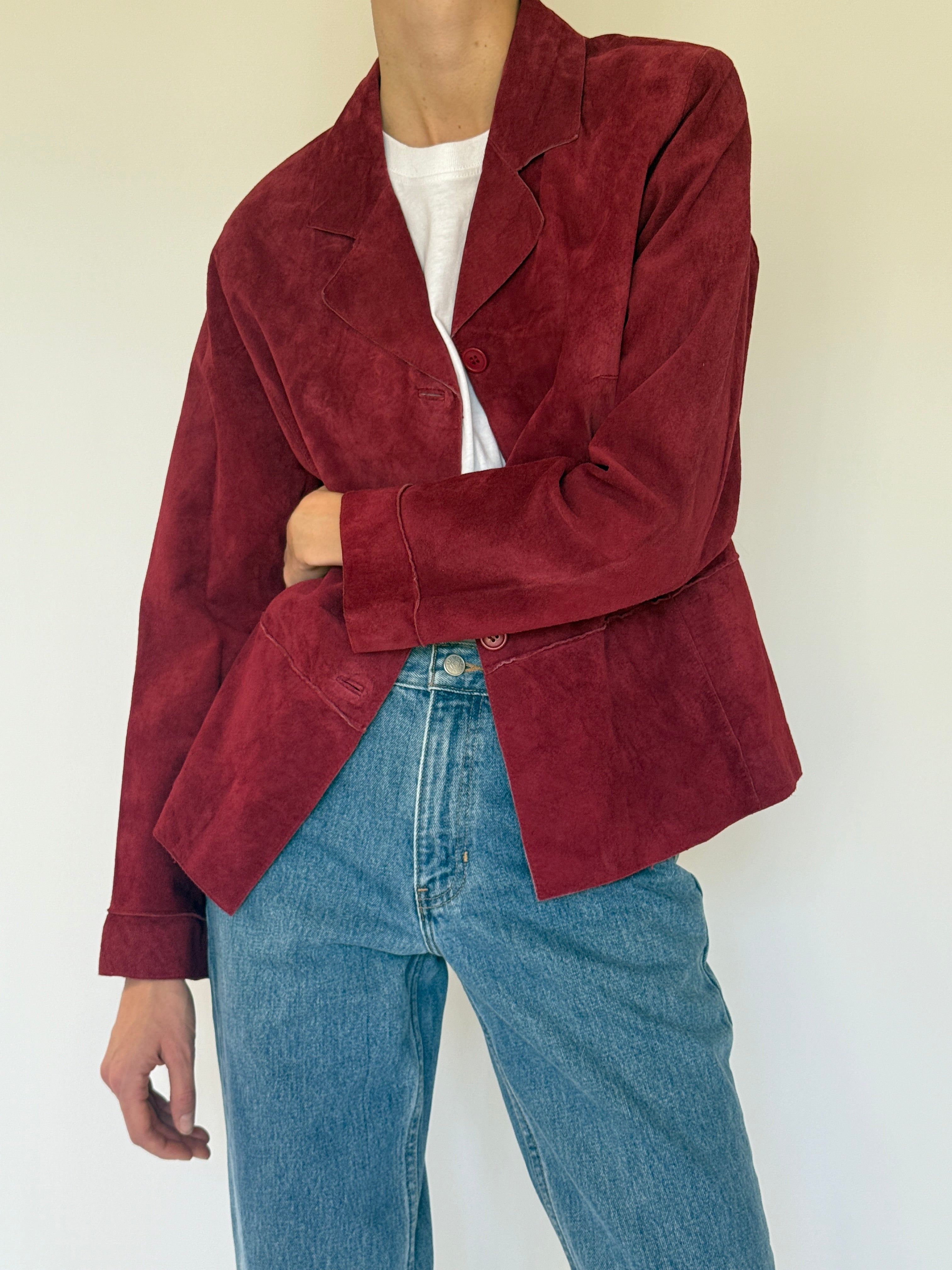 Vintage red suede leather jacket lapel detail