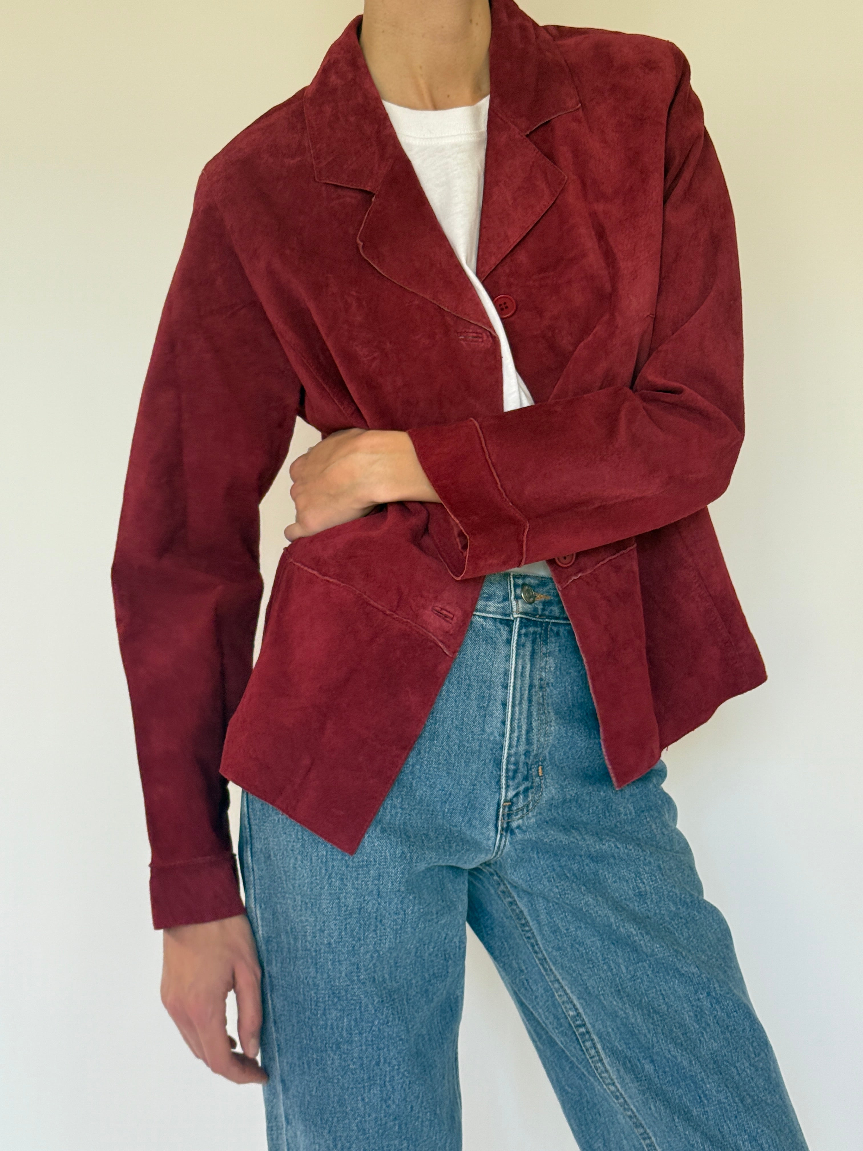 Vintage red suede leather jacket front view