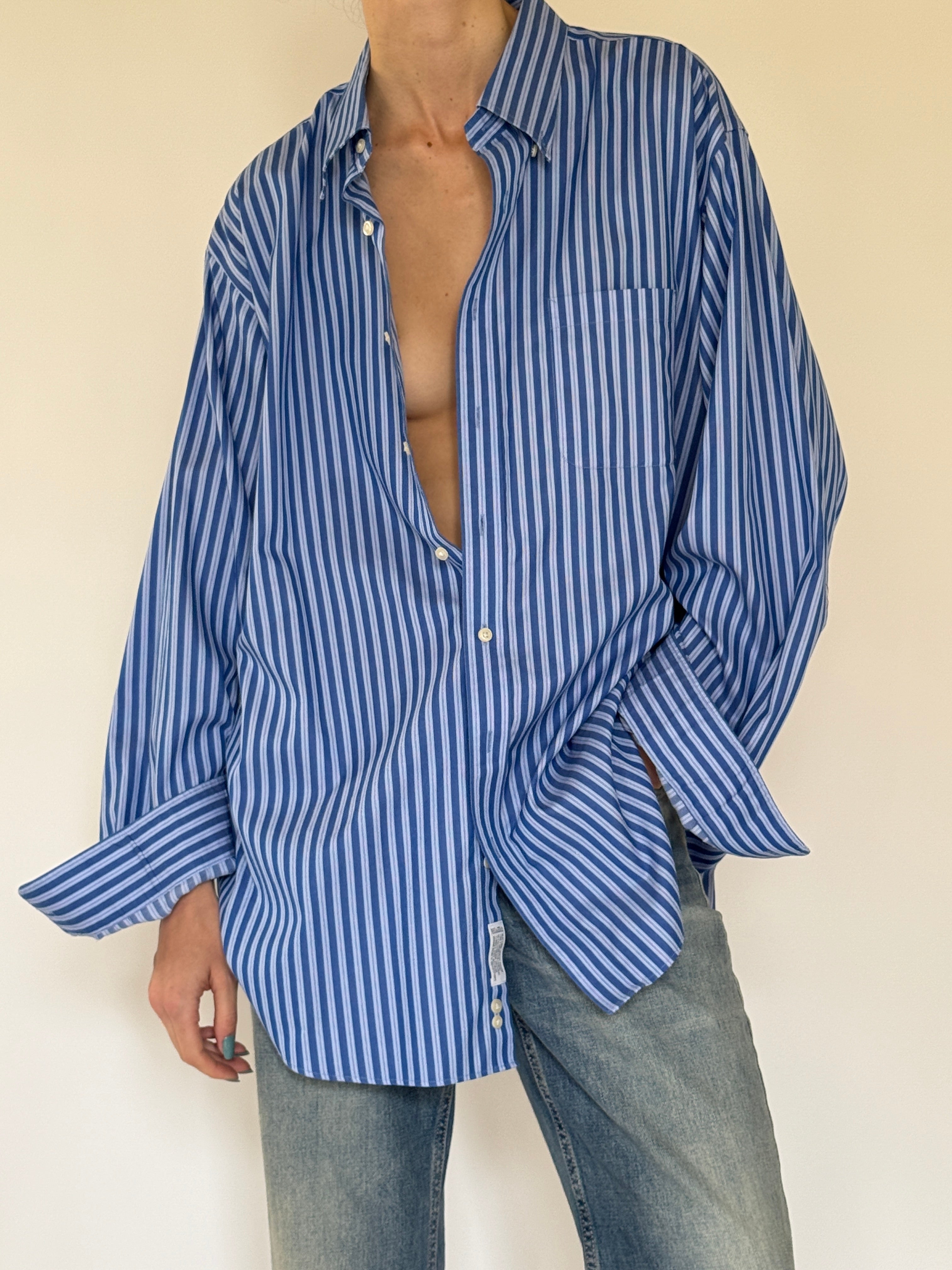 Vintage oversized blue striped button up shirt front view