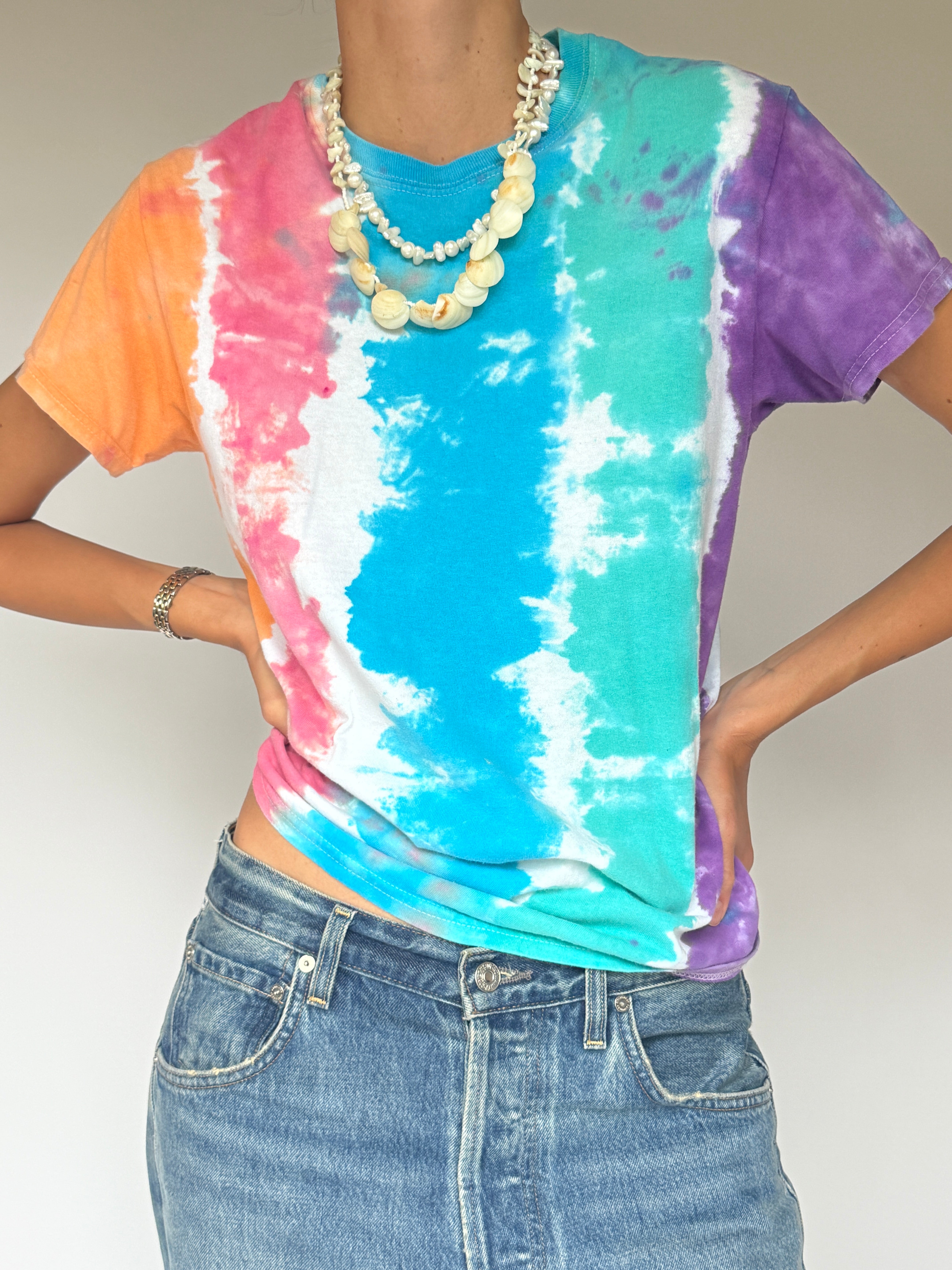 VINTAGE TIE-DYE T-SHIRT IN BLUE, PINK, GREEN & WHITE