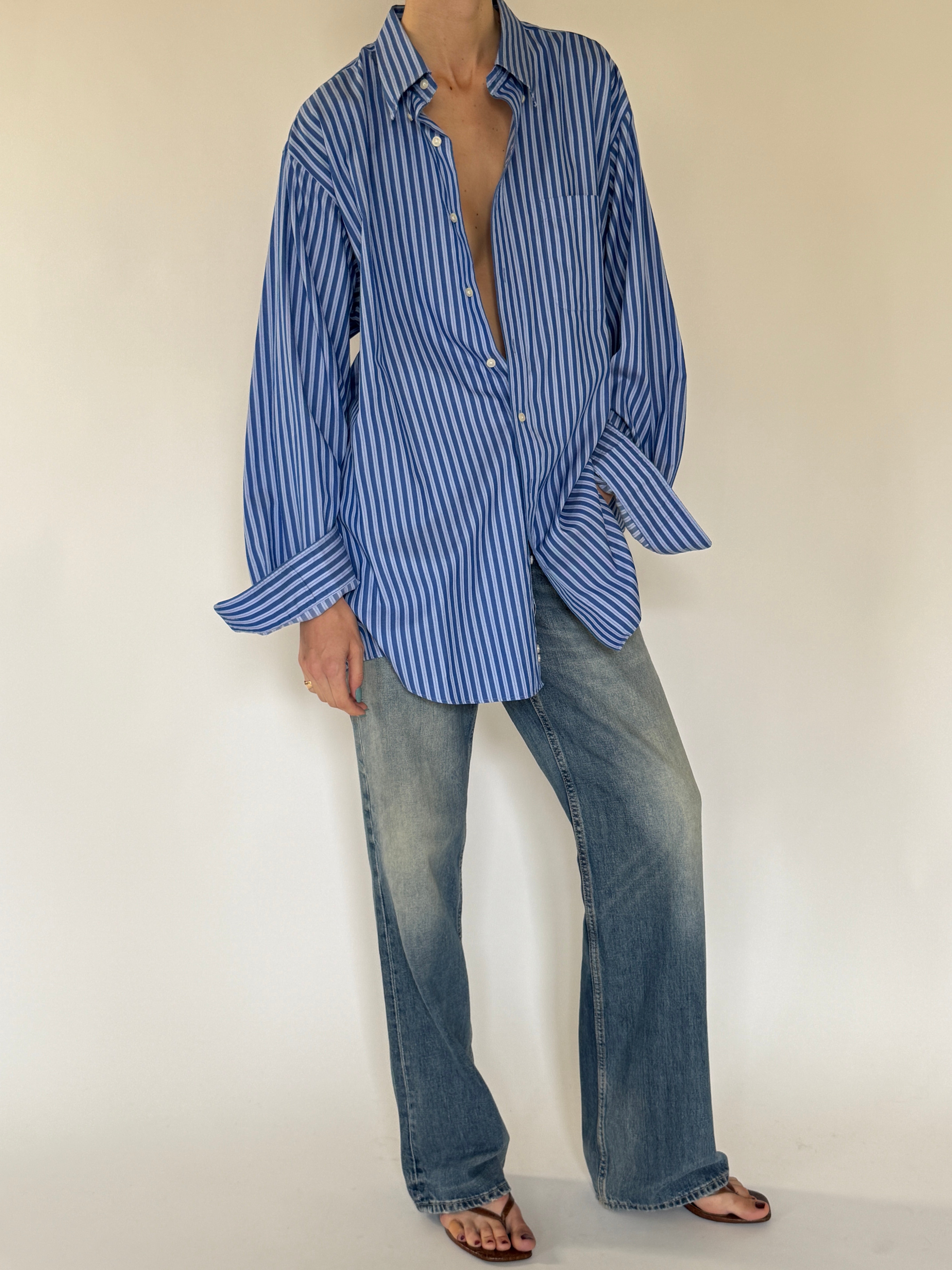 Vintage oversized blue striped button up shirt side view