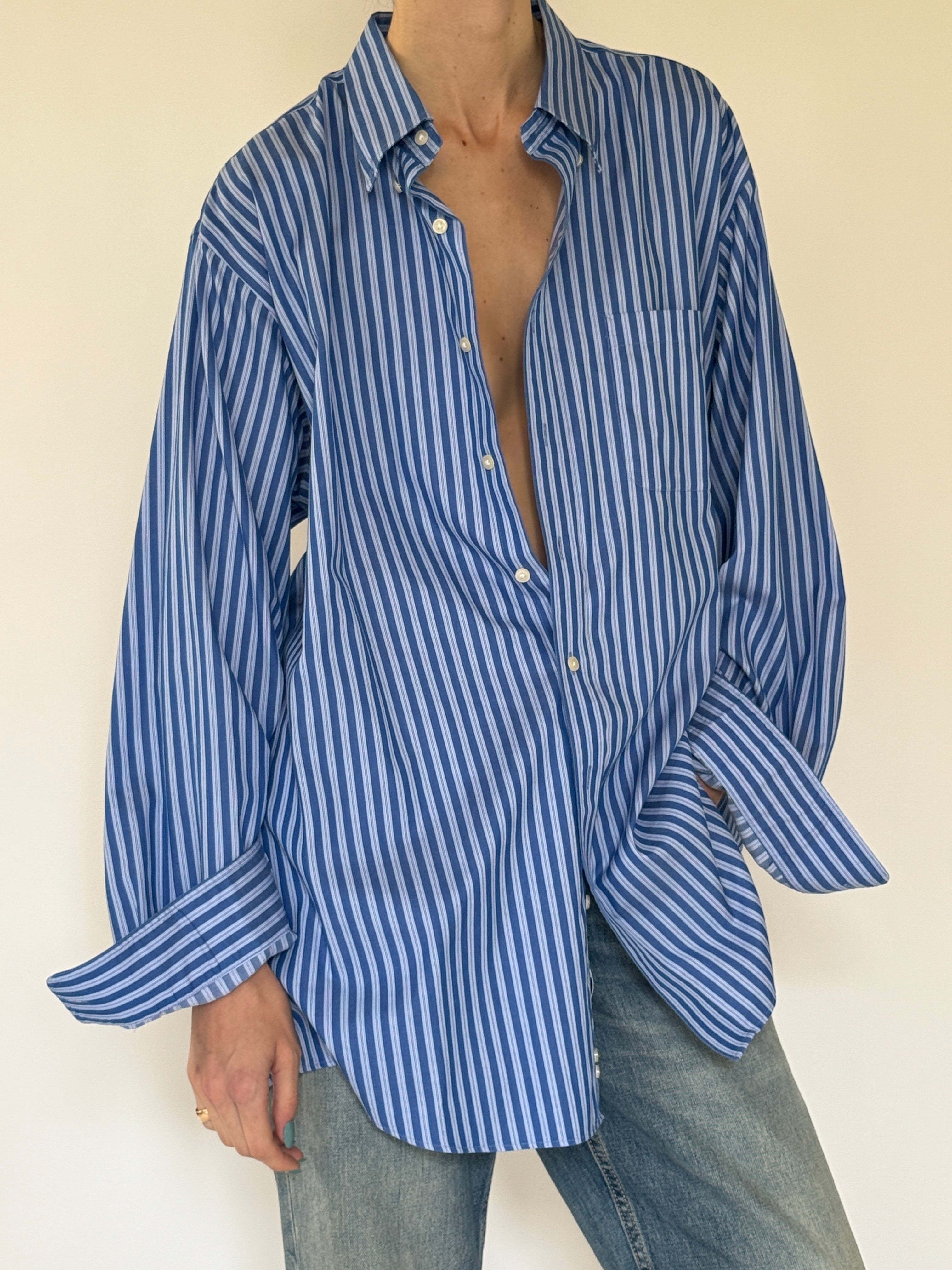 Vintage oversized blue striped button up shirt chest pocket detail