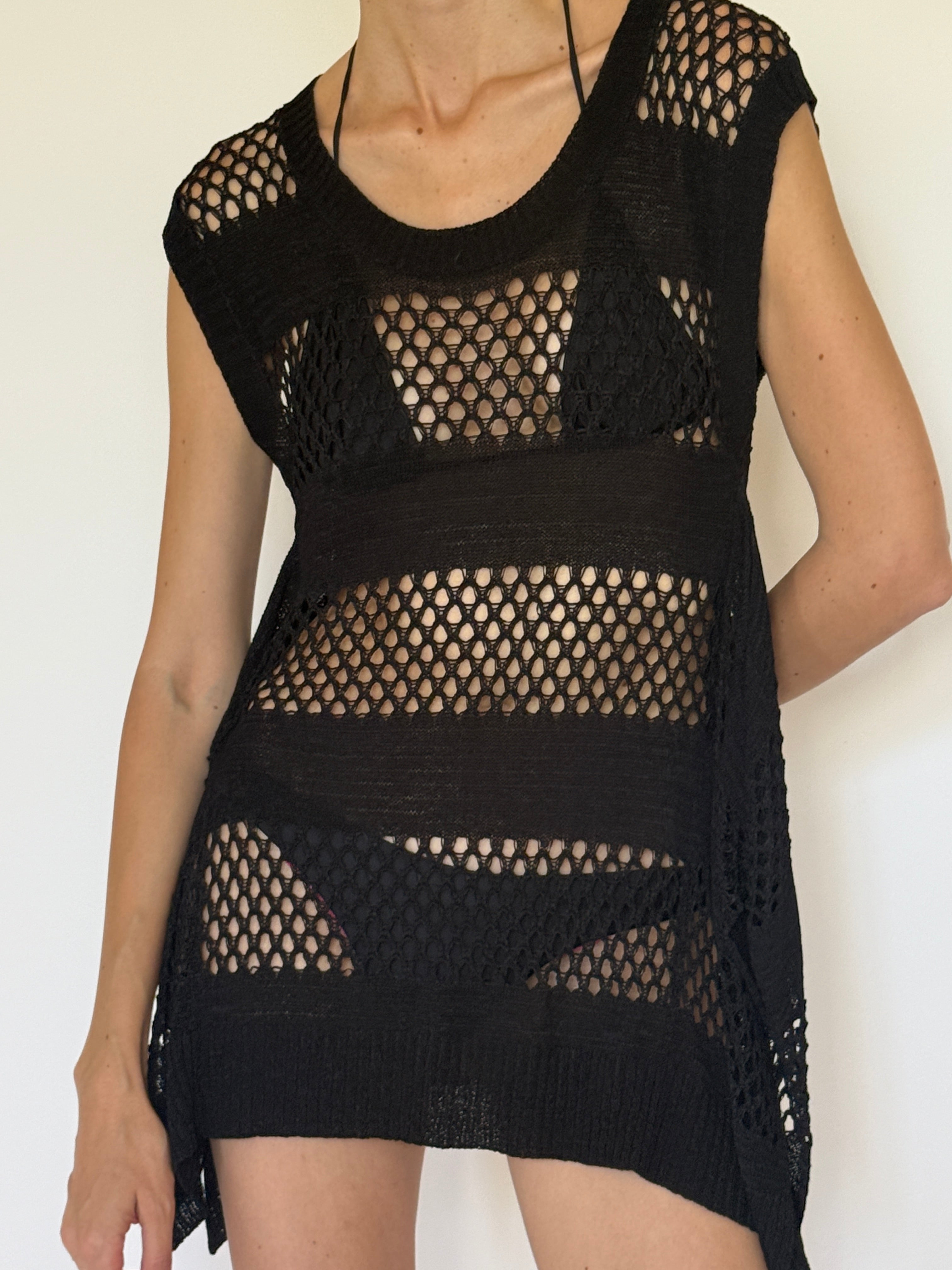 Vintage black crochet knit swim cover-up front view