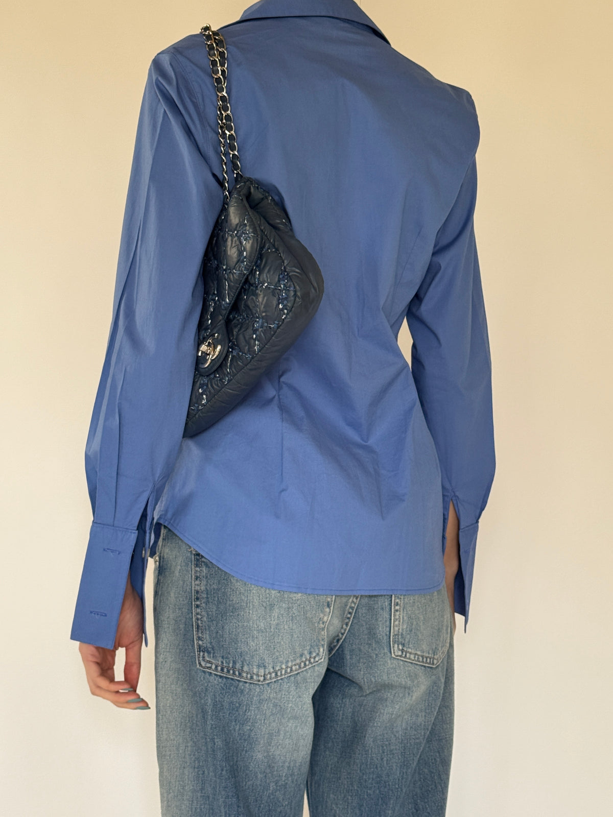Vintage fitted blue button up shirt back view