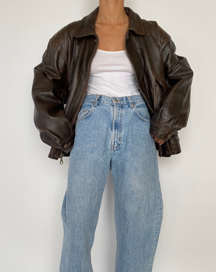 VINTAGE OVERSIZED BROWN BOXY LEATHER JACKET 2846