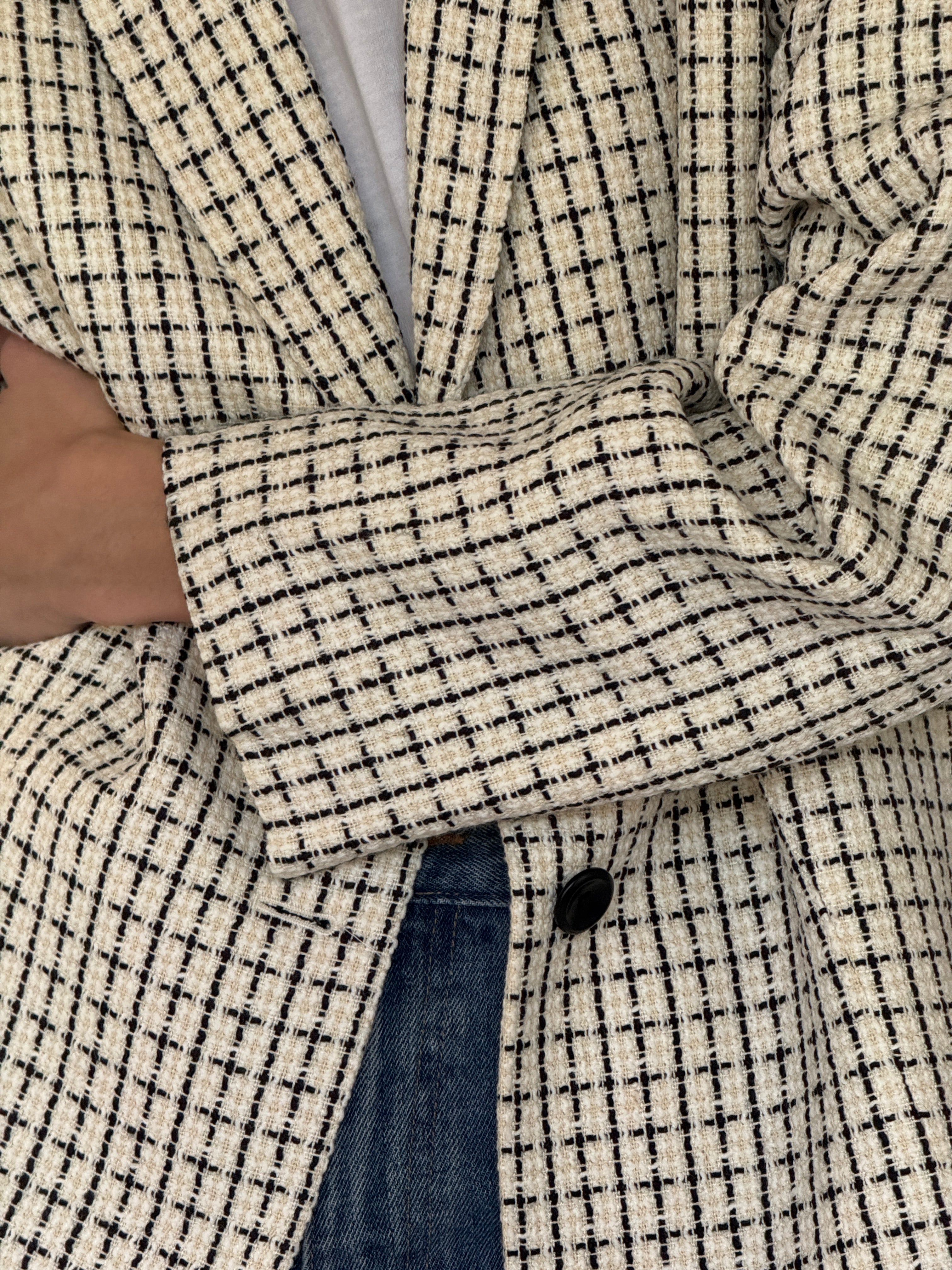 Vintage cream and black tweed blazer pocket detail
