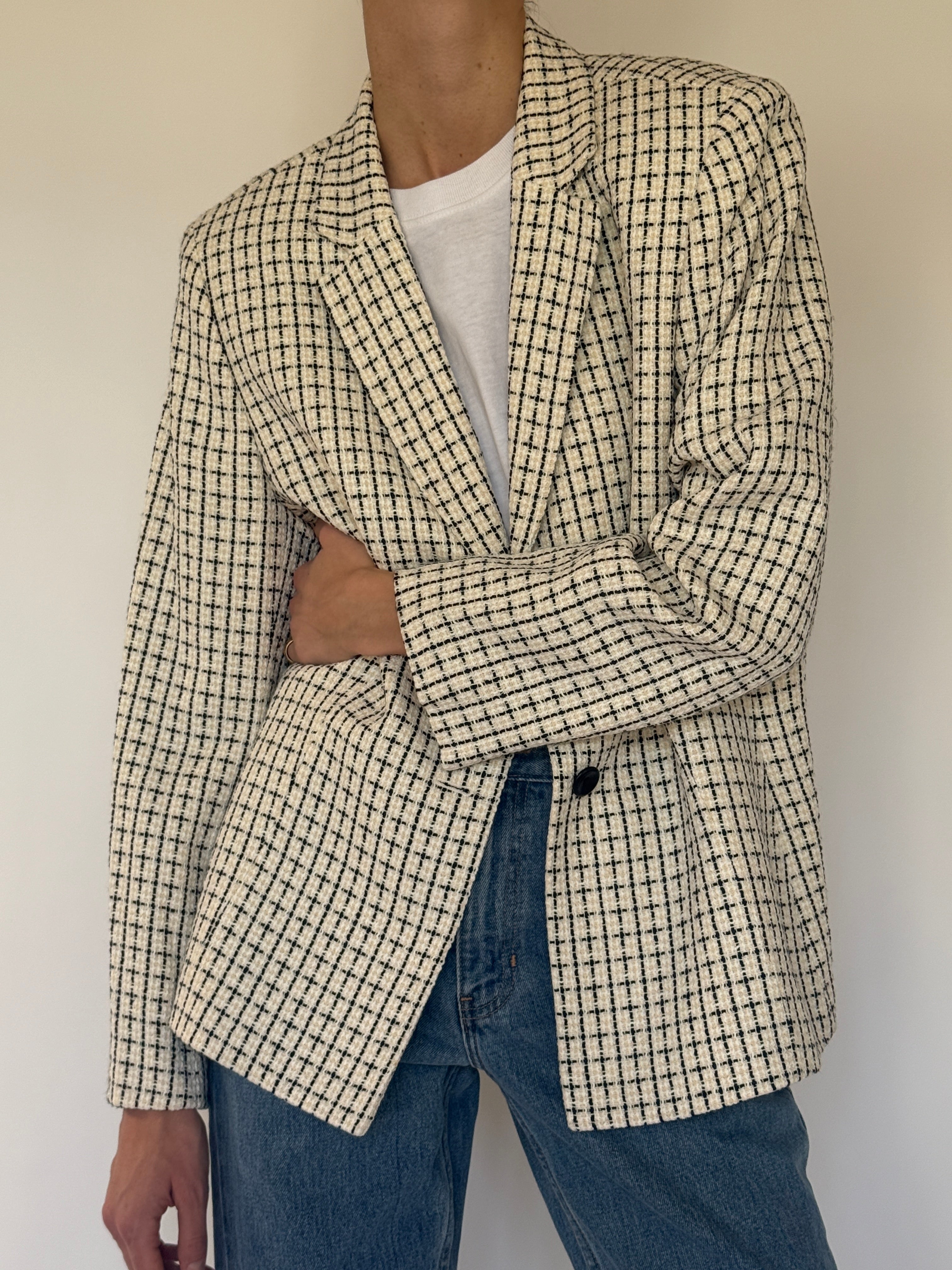 Vintage cream and black tweed blazer front view