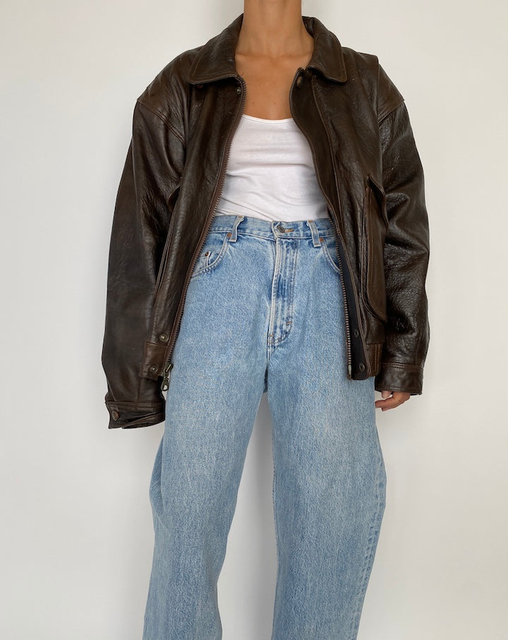 VINTAGE OVERSIZED BROWN BOXY LEATHER JACKET 2846