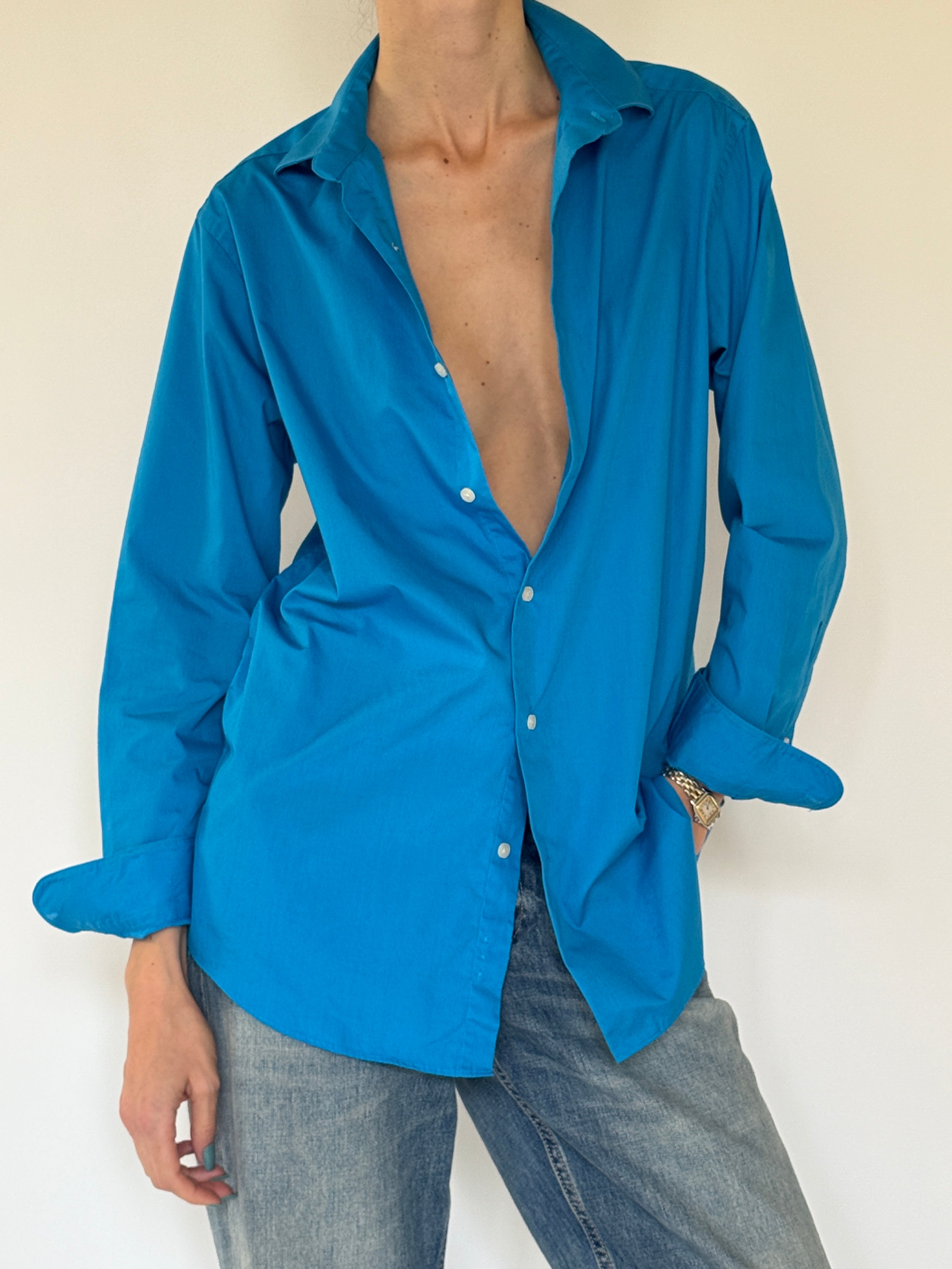 Vintage oversized blue button-up shirt front view