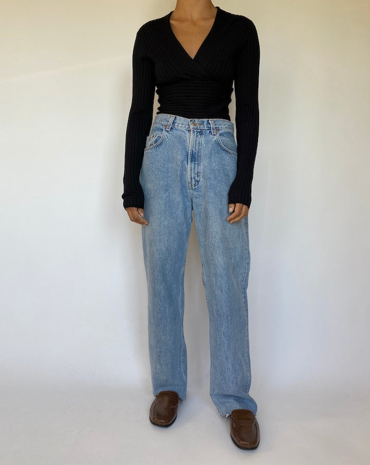 VINTAGE BLACK SILK BLENDED KNITTED LONG SLEEVE TOP 1530