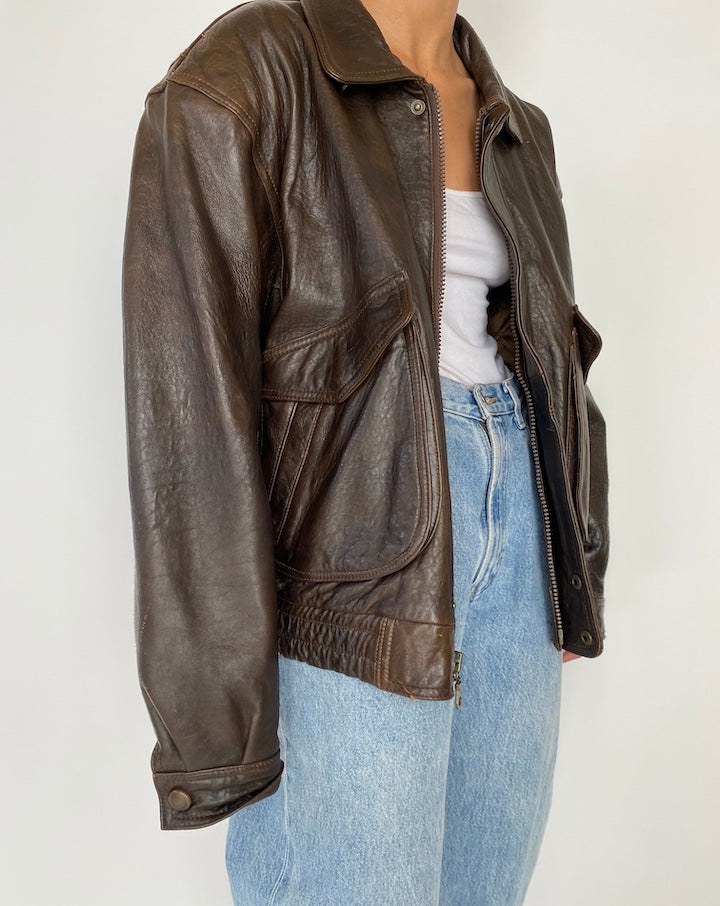 VINTAGE OVERSIZED BROWN BOXY LEATHER JACKET 2846