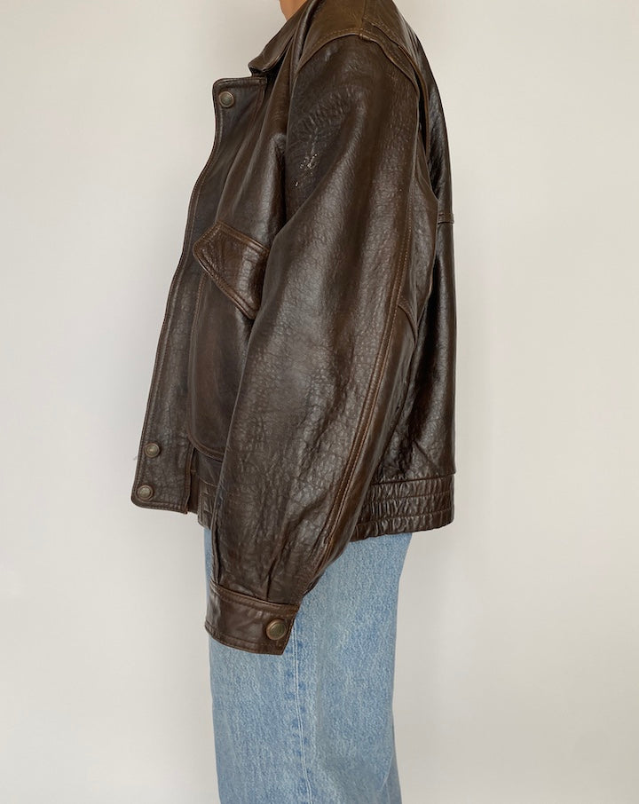 VINTAGE OVERSIZED BROWN BOXY LEATHER JACKET 2846
