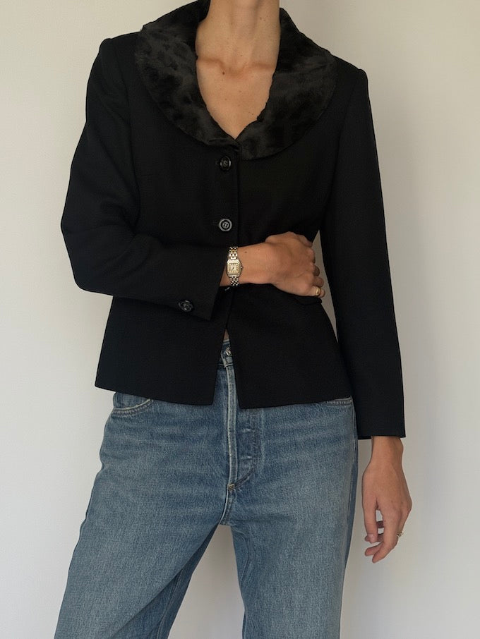 Vintage Black Blazer with Animal Print Faux Fur Collar 6630