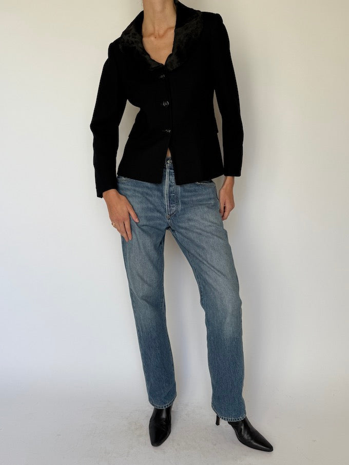 Vintage Black Blazer with Animal Print Faux Fur Collar 6630