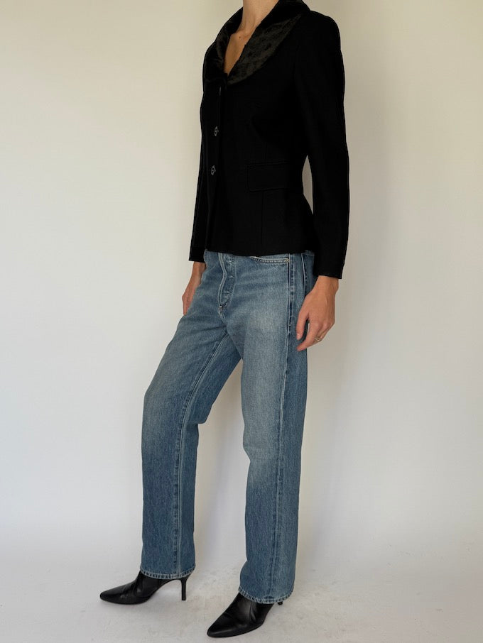 Vintage Black Blazer with Animal Print Faux Fur Collar 6630