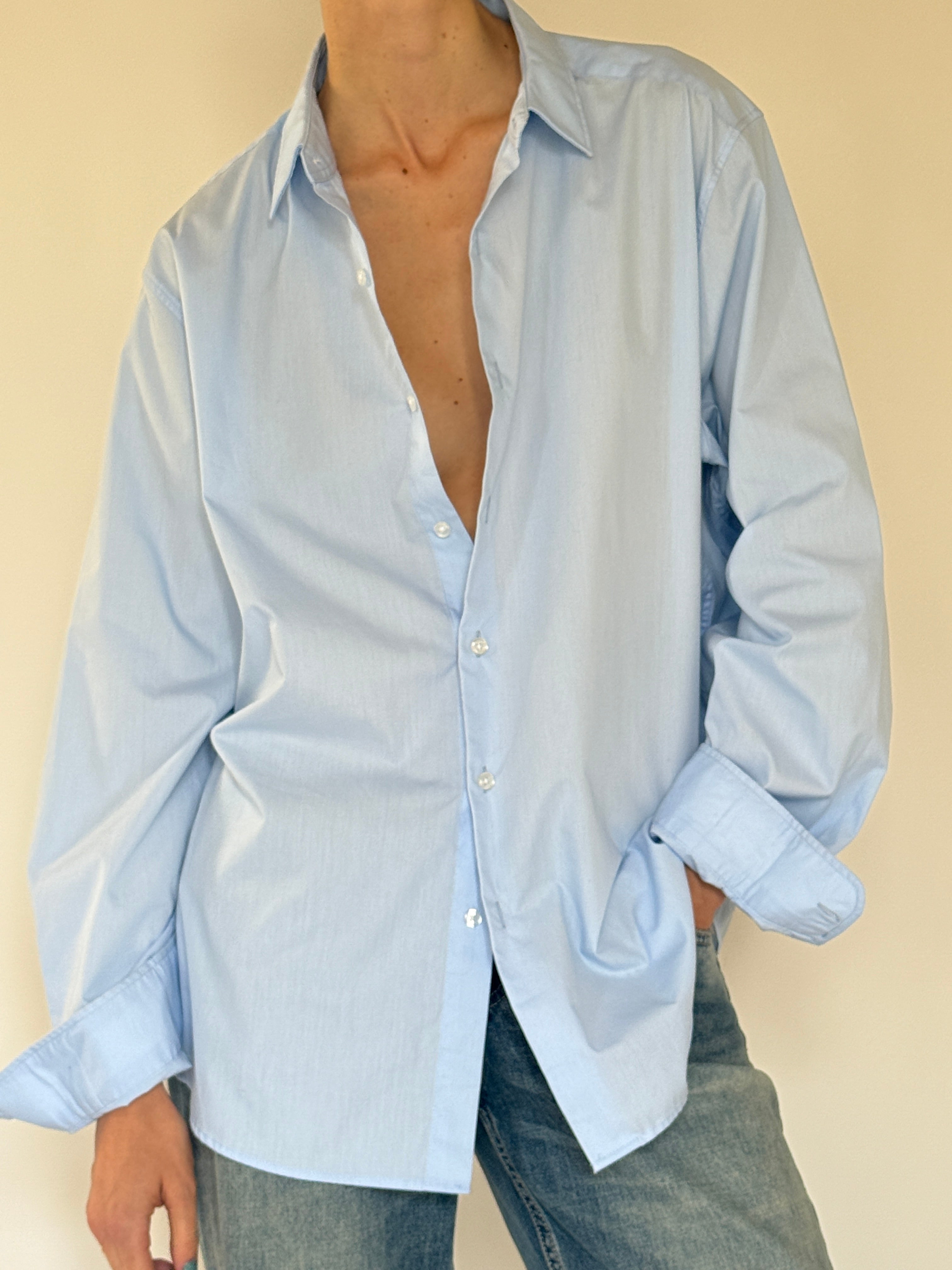 Vintage baby blue oversized button-up shirt front view