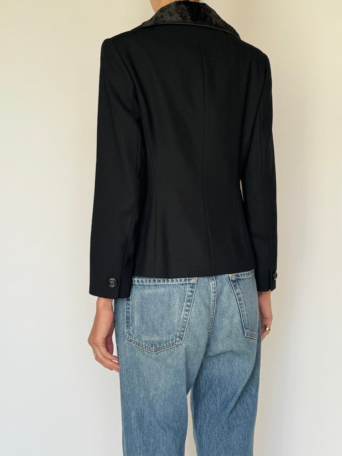 Vintage Black Blazer with Animal Print Faux Fur Collar 6630