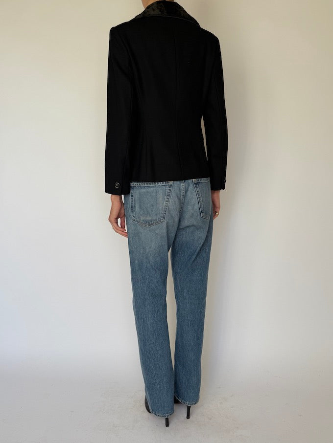 Vintage Black Blazer with Animal Print Faux Fur Collar 6630