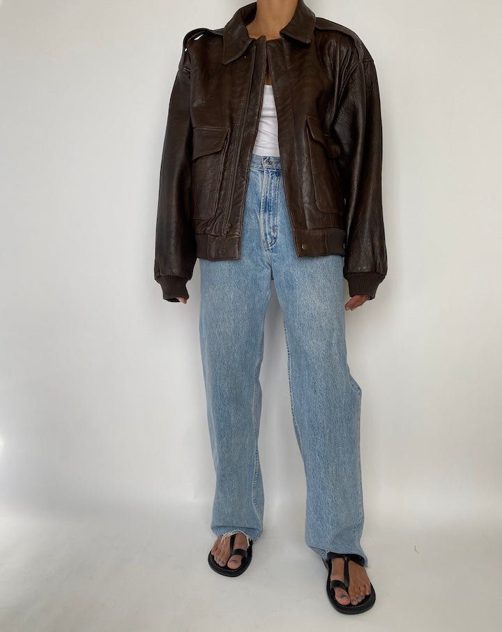 VINTAGE OVERSIZED DARK BROWN BOXY LEATHER JACKET 2850