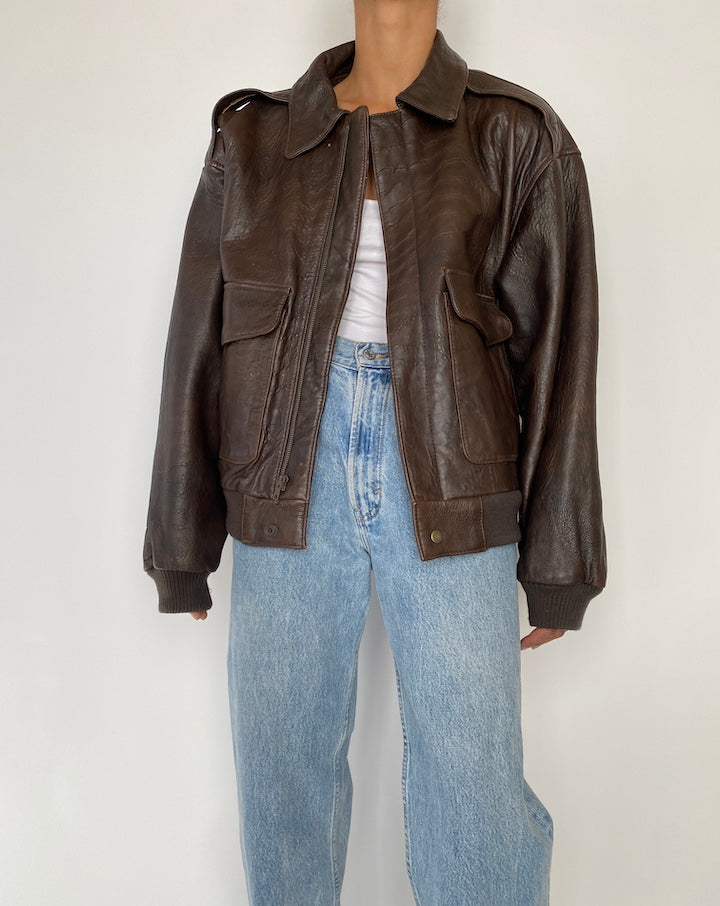 VINTAGE OVERSIZED DARK BROWN BOXY LEATHER JACKET 2850