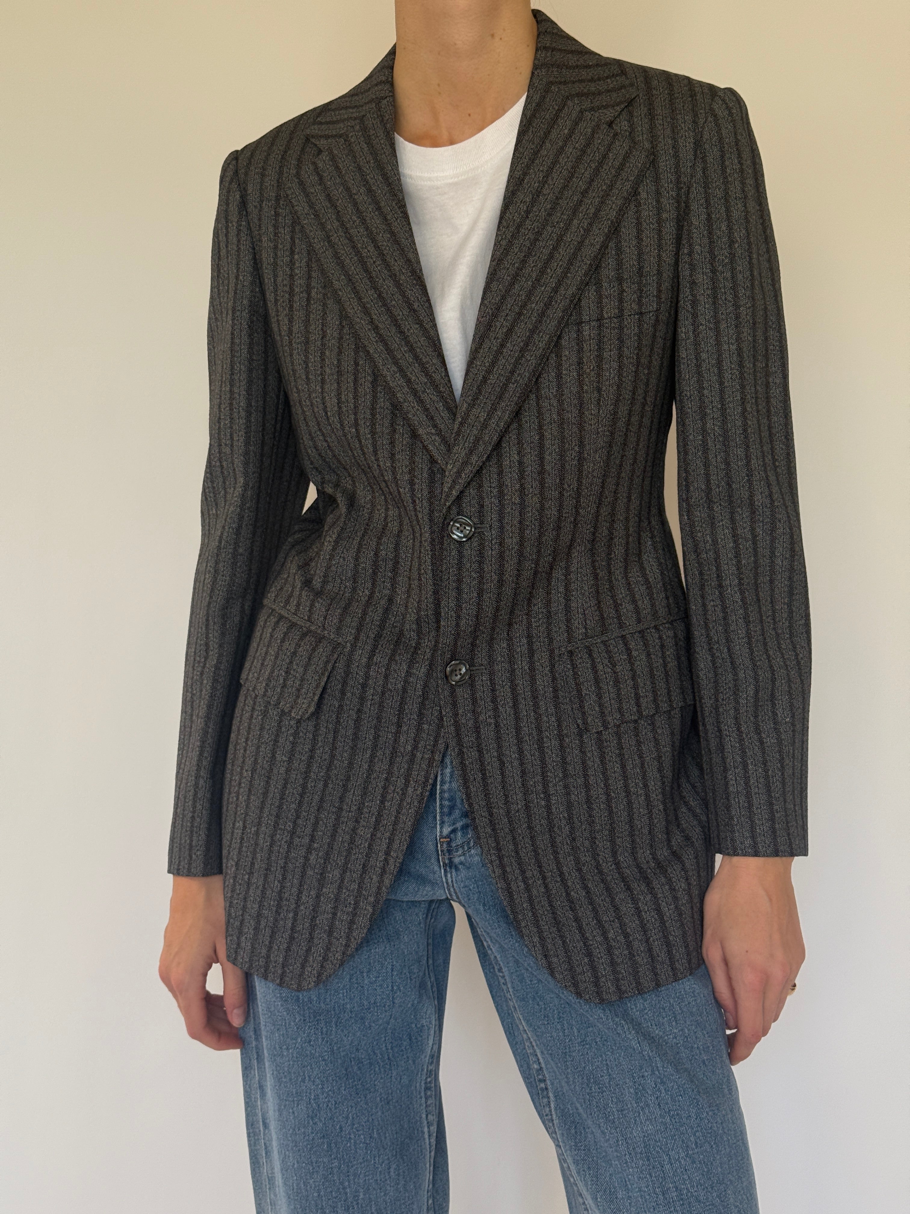Vintage grey and charcoal pinstripe blazer front view