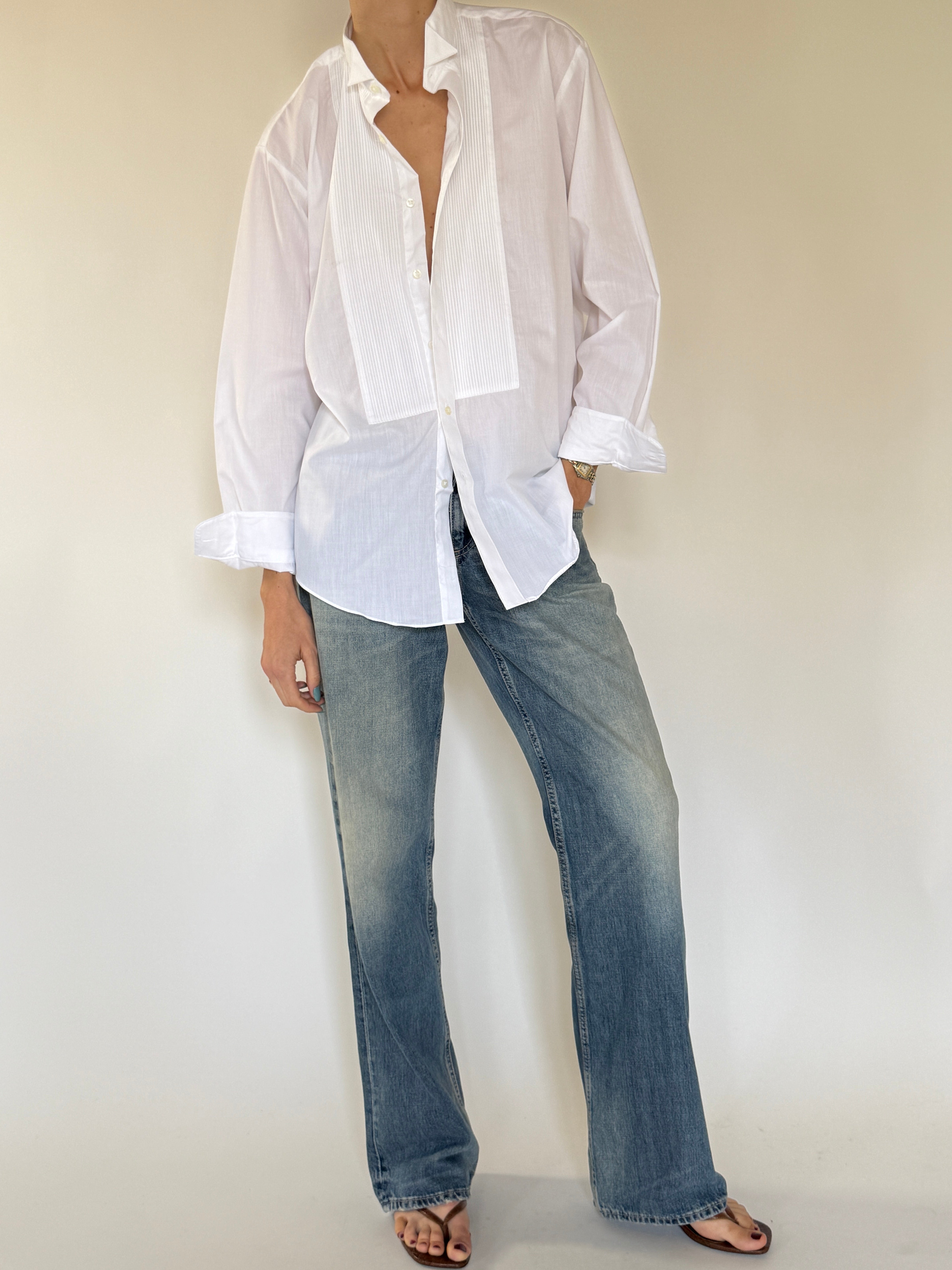 Vintage white pleated tuxedo cotton shirt front view