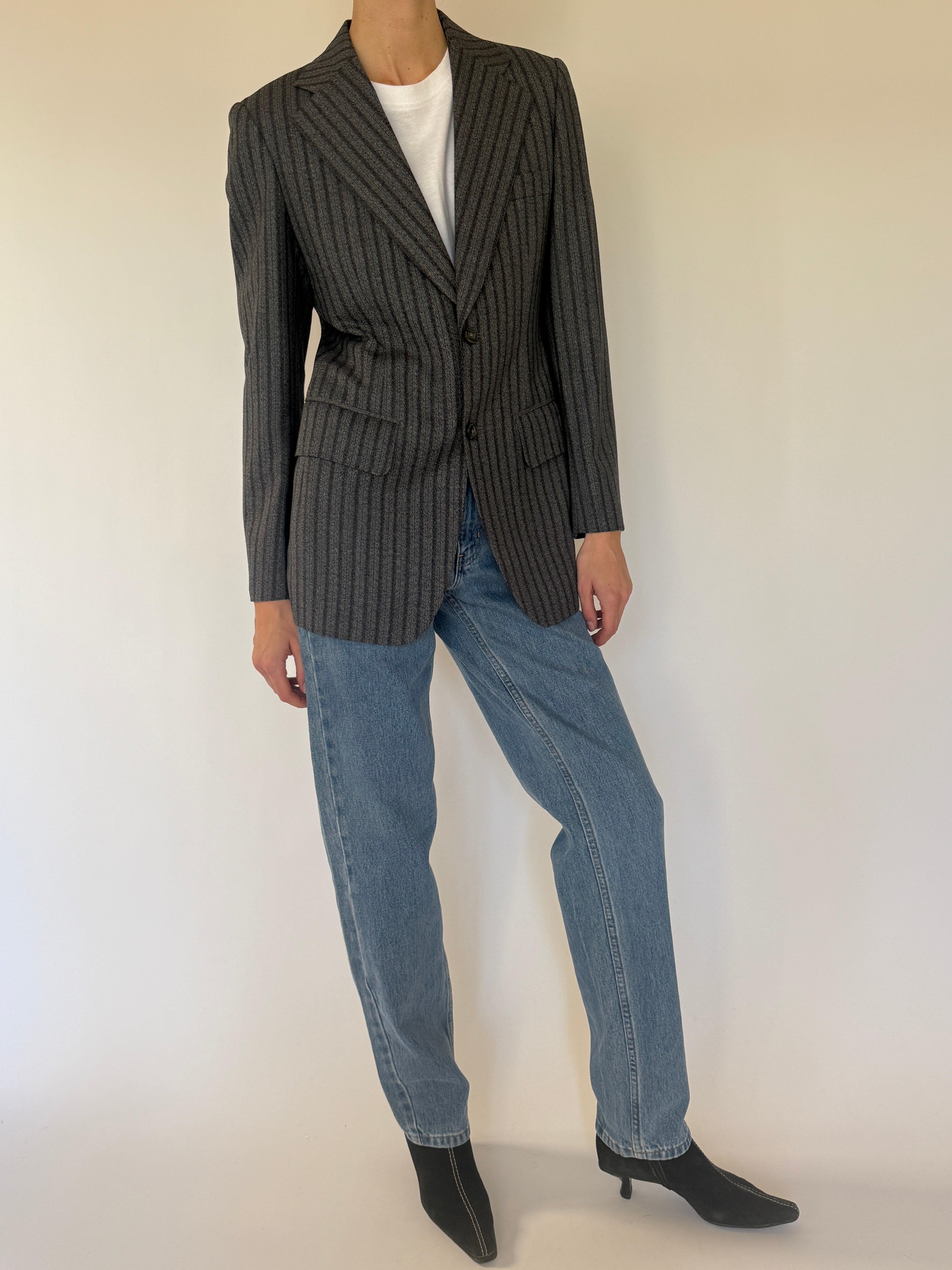 Vintage grey and charcoal pinstripe blazer front view