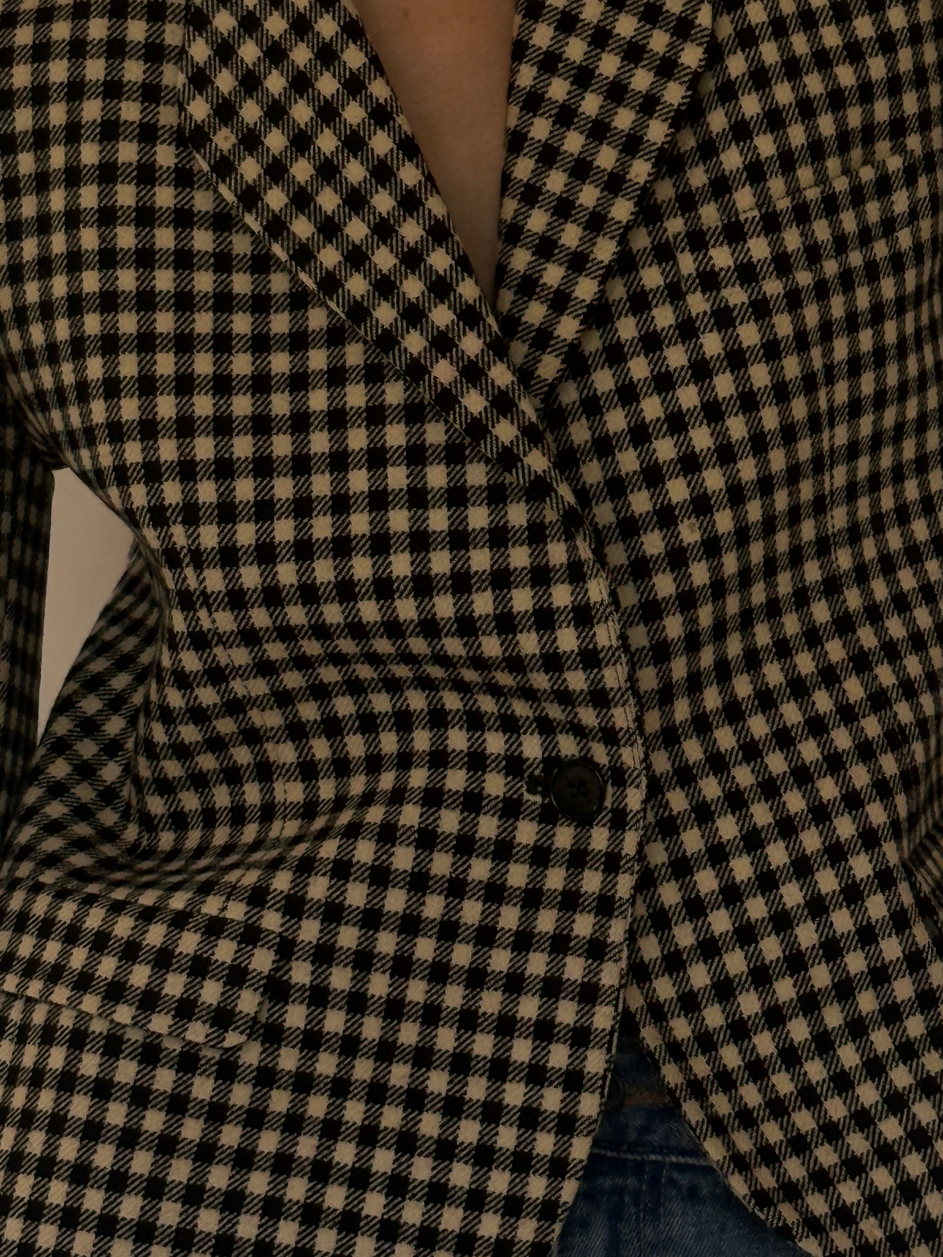 Vintage checkered blazer black ivory fabric close-up