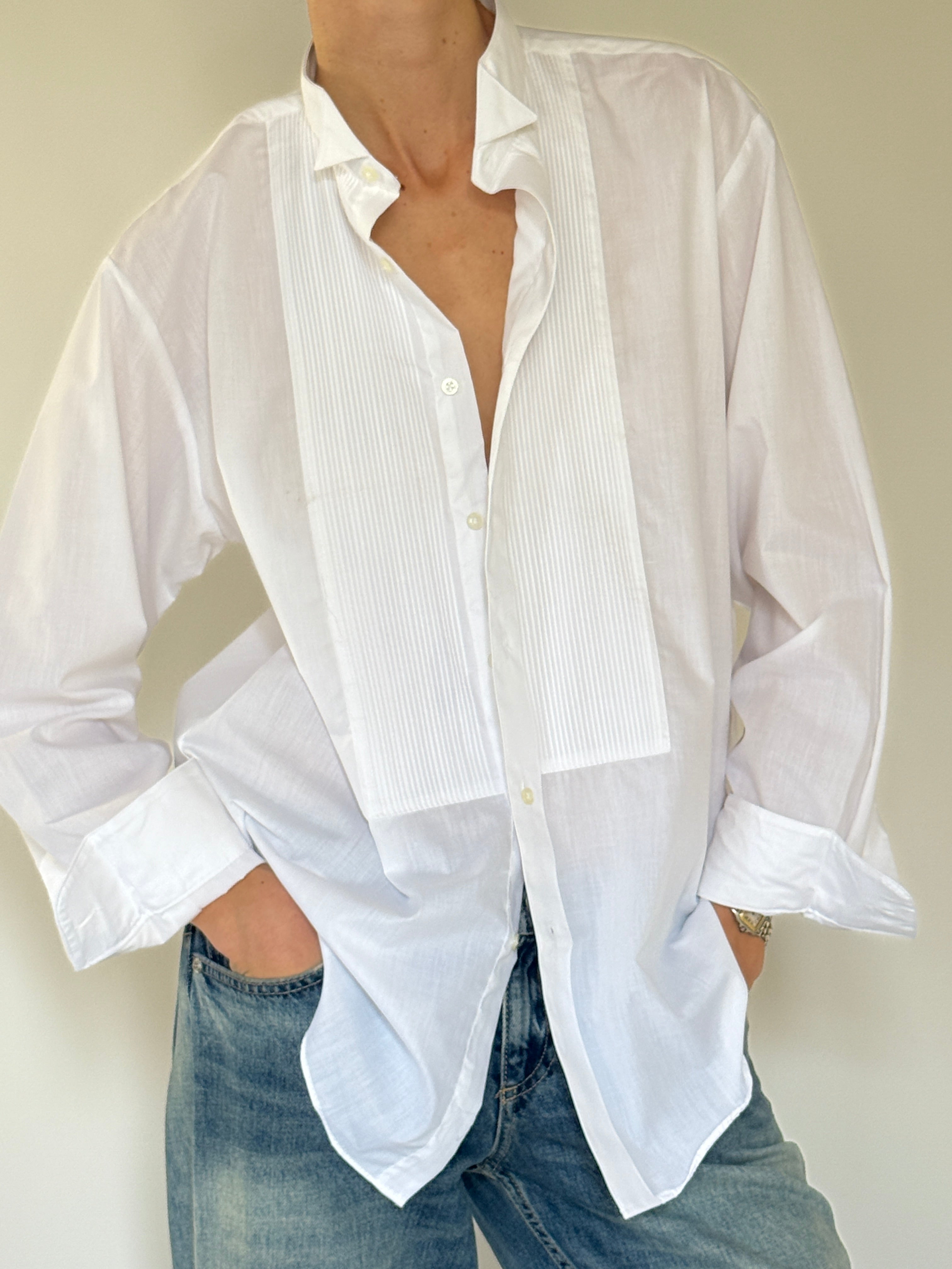 Vintage pleated tuxedo shirt close-up detail