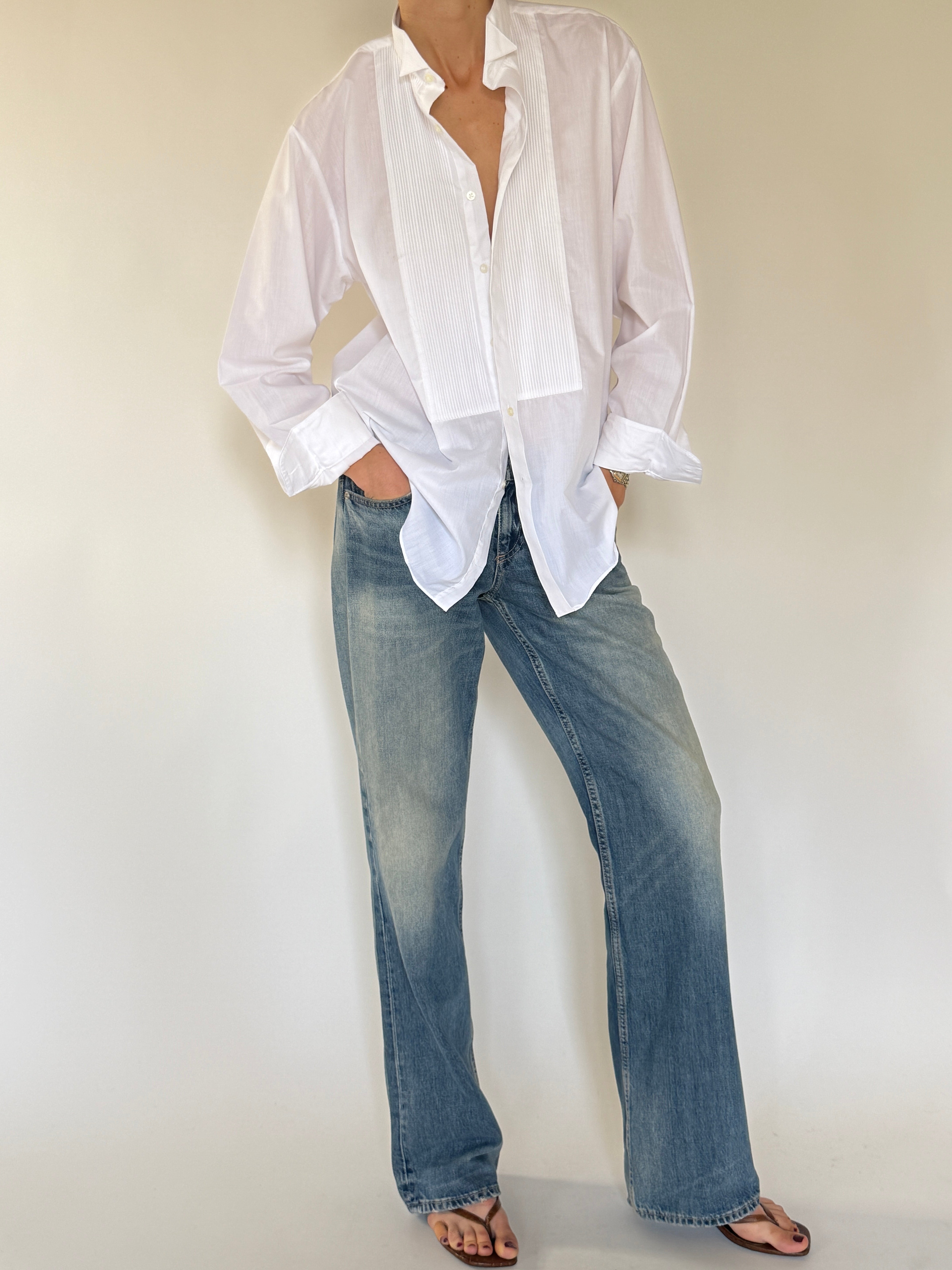 Vintage oversized white tuxedo shirt side view