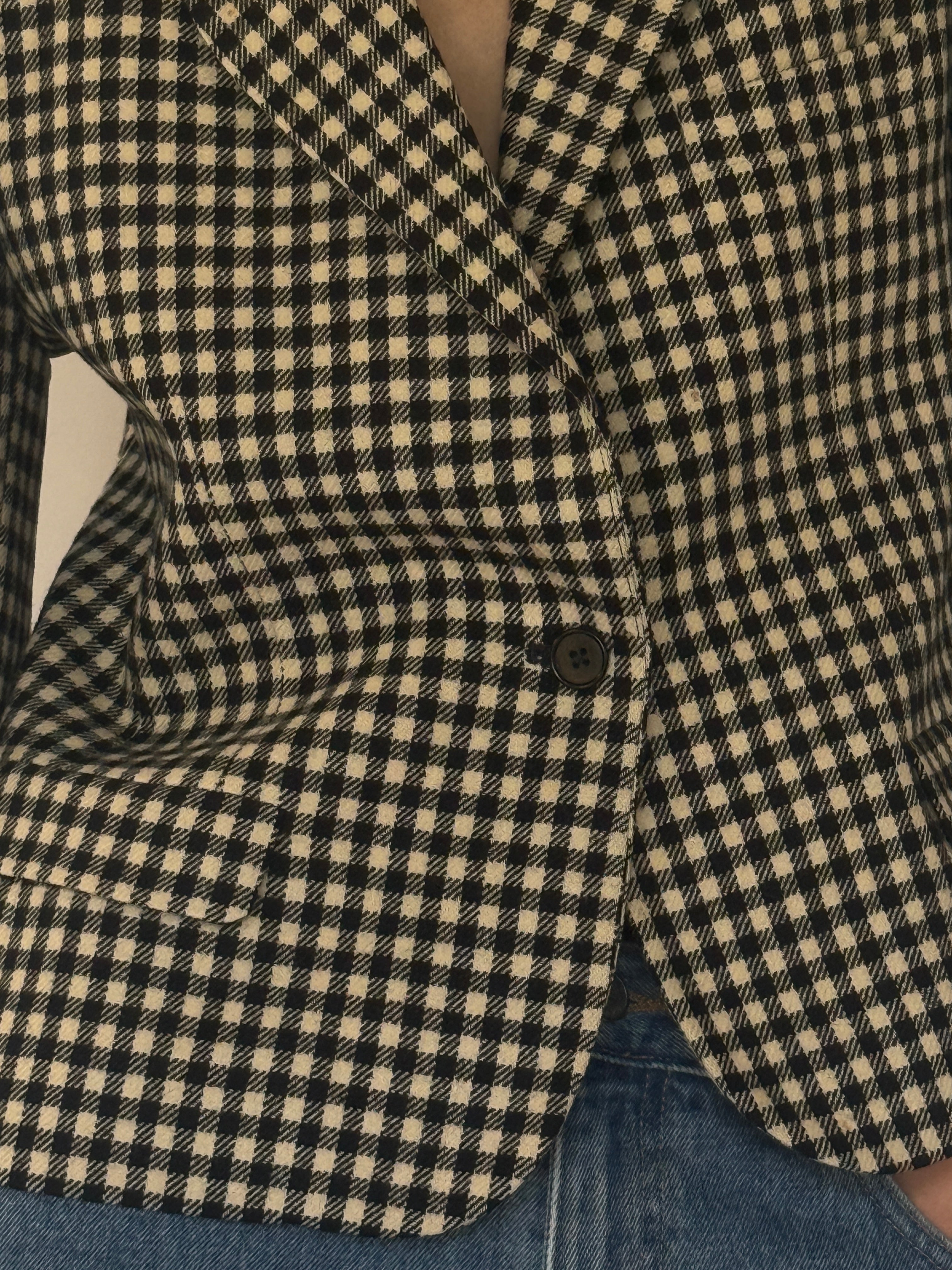 Vintage checkered blazer black ivory fabric close-up