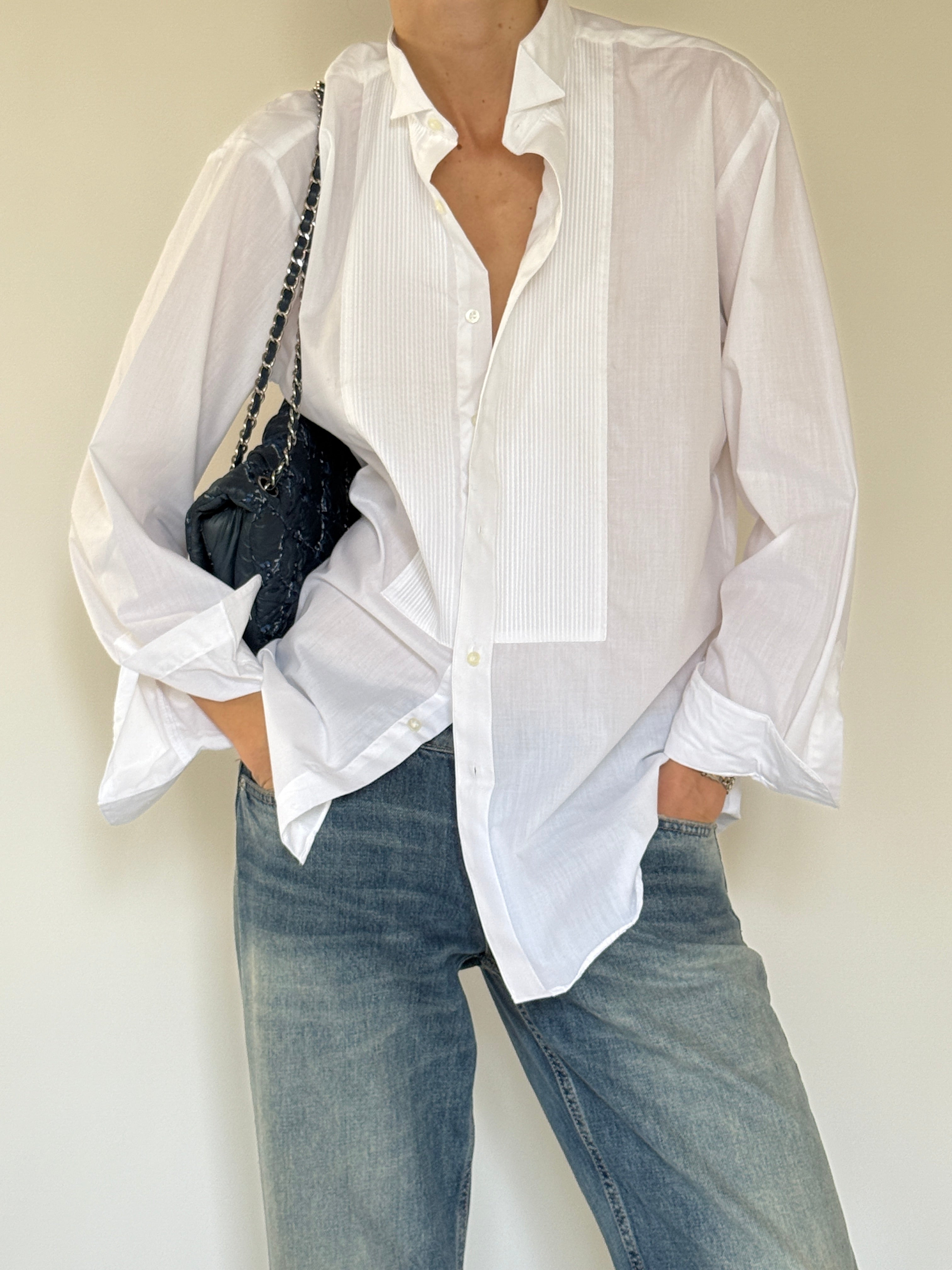 Vintage white pleated tuxedo cotton shirt front view