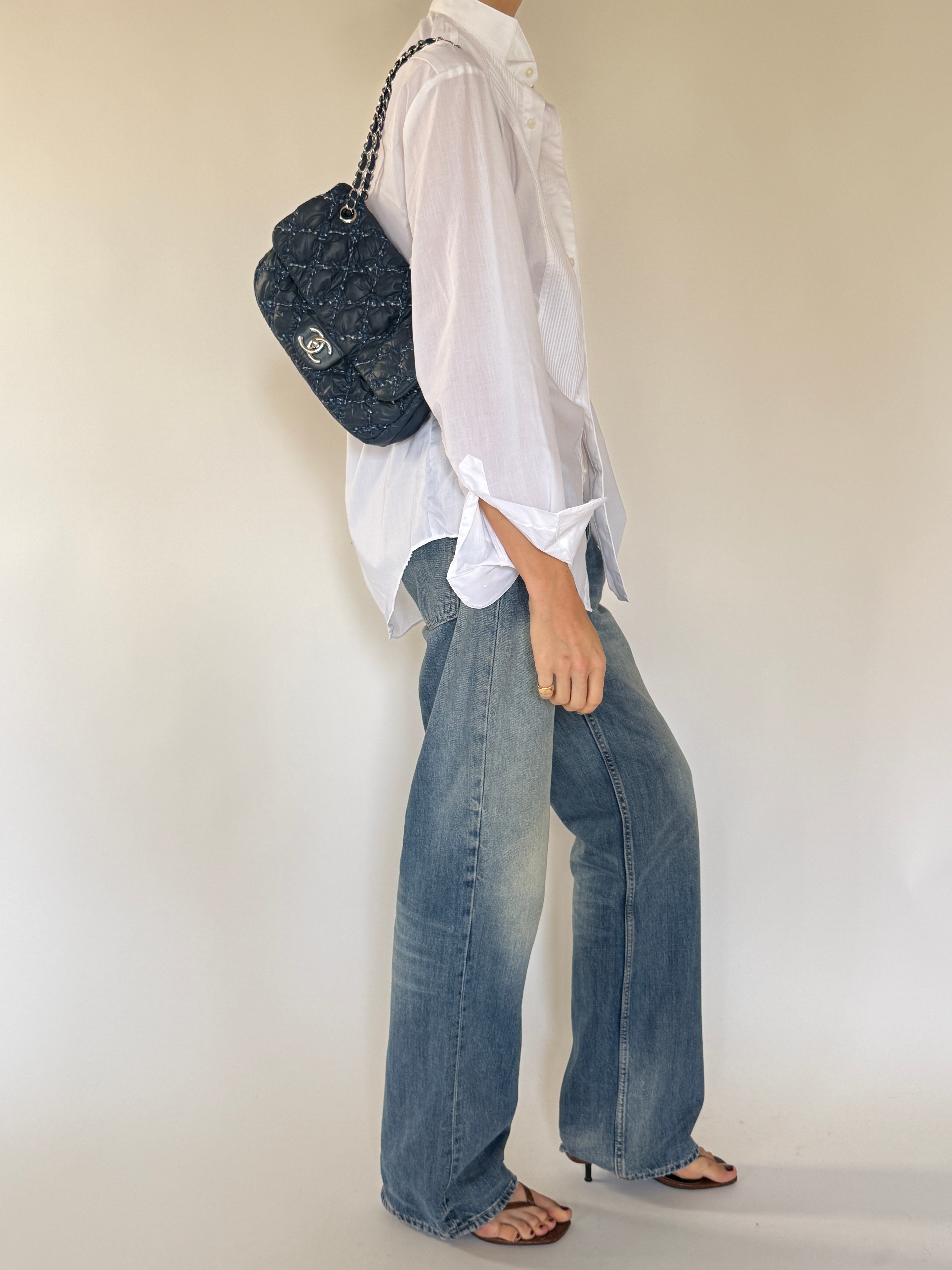 Vintage oversized white tuxedo shirt side view