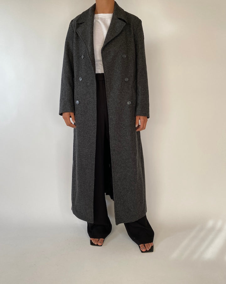 VINTAGE LONG DARK GREY WOOL BLENDED COAT 2352
