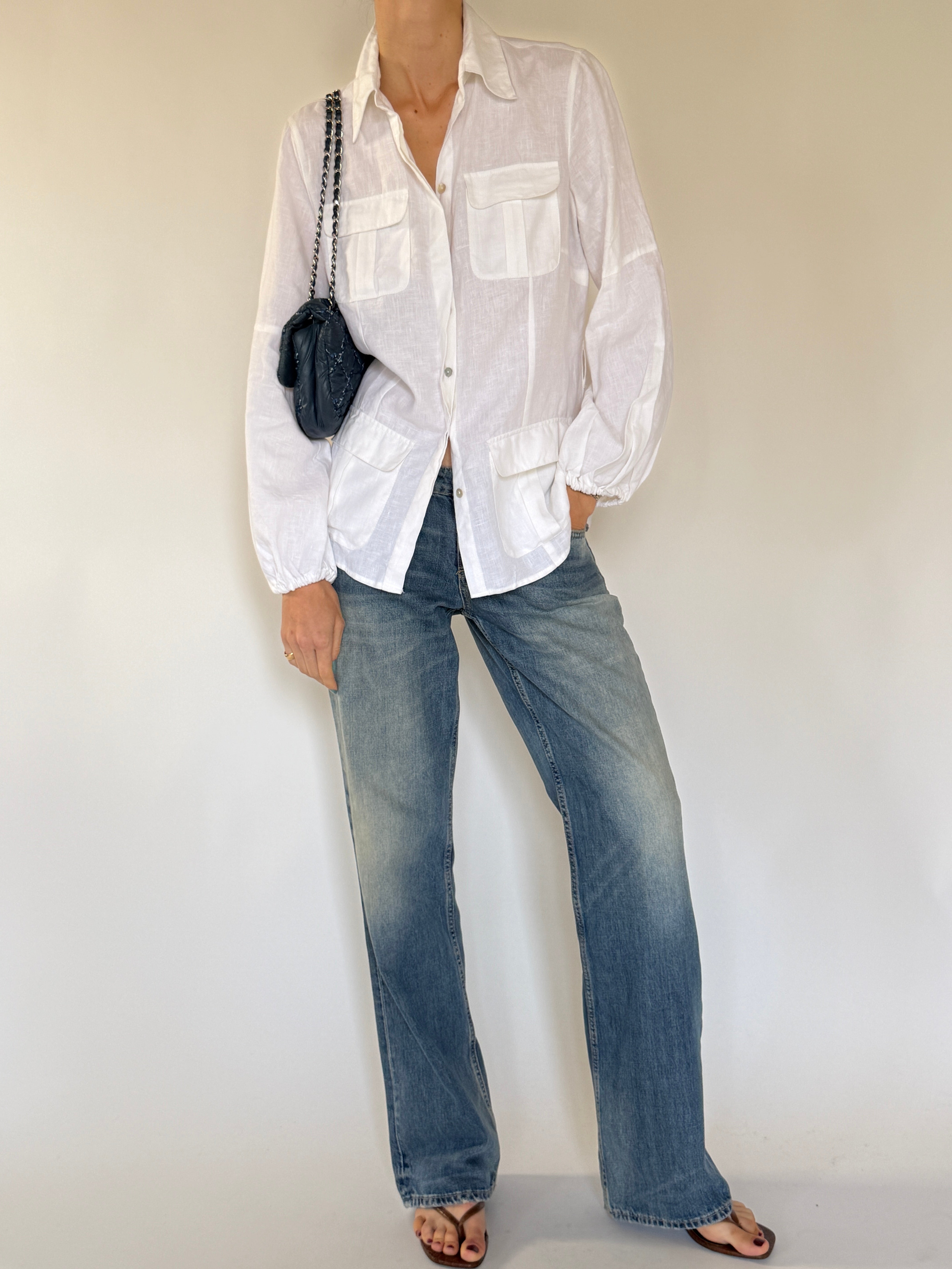 Vintage white linen utility button-up shirt front view