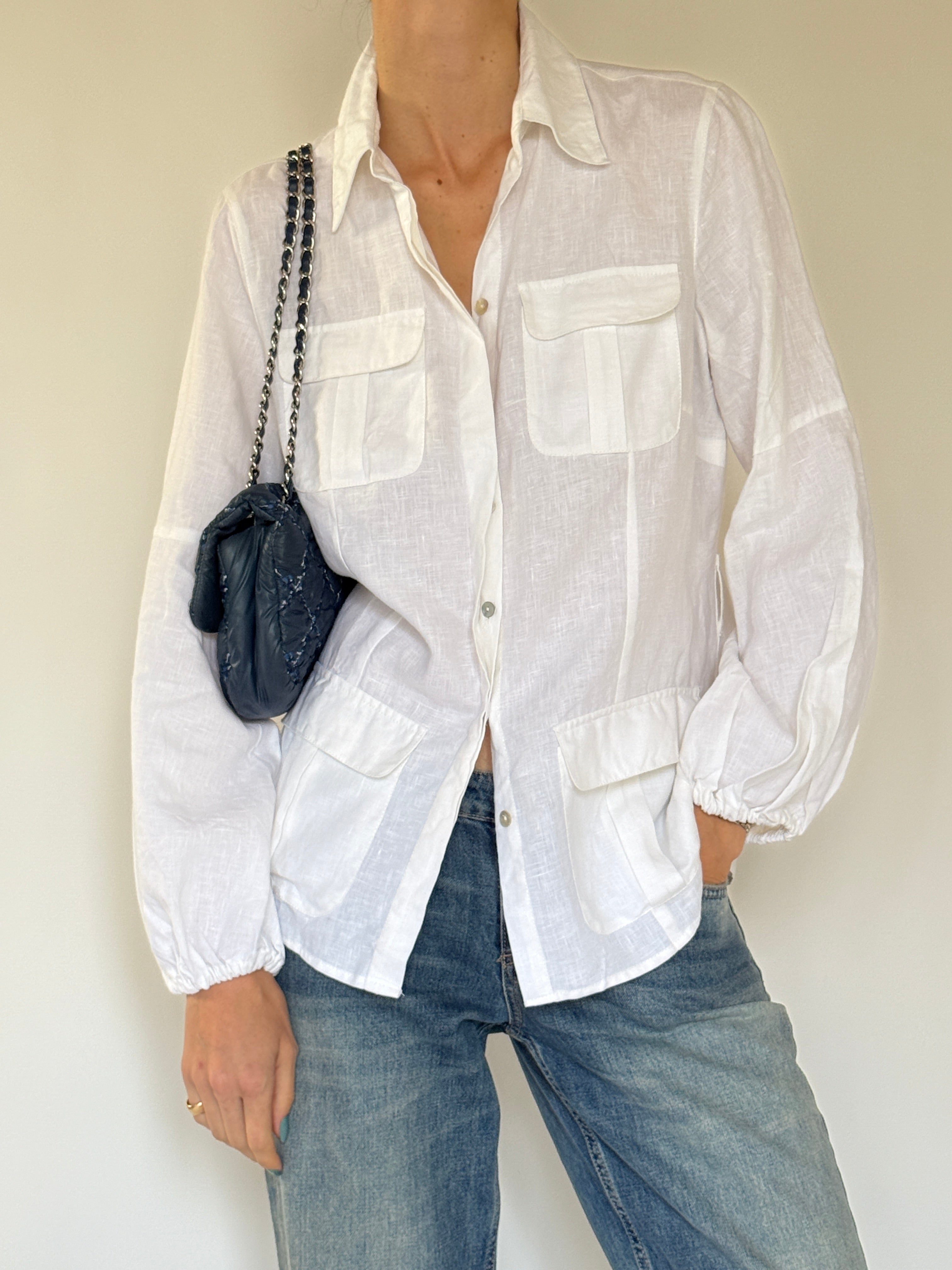 Vintage white linen utility button-up shirt front view
