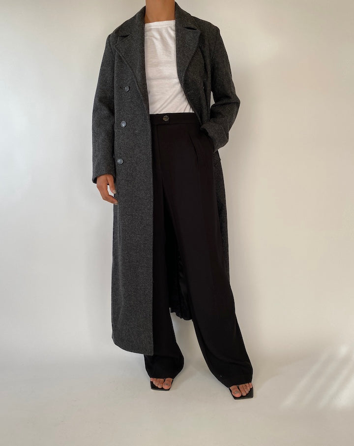 VINTAGE LONG DARK GREY WOOL BLENDED COAT 2352