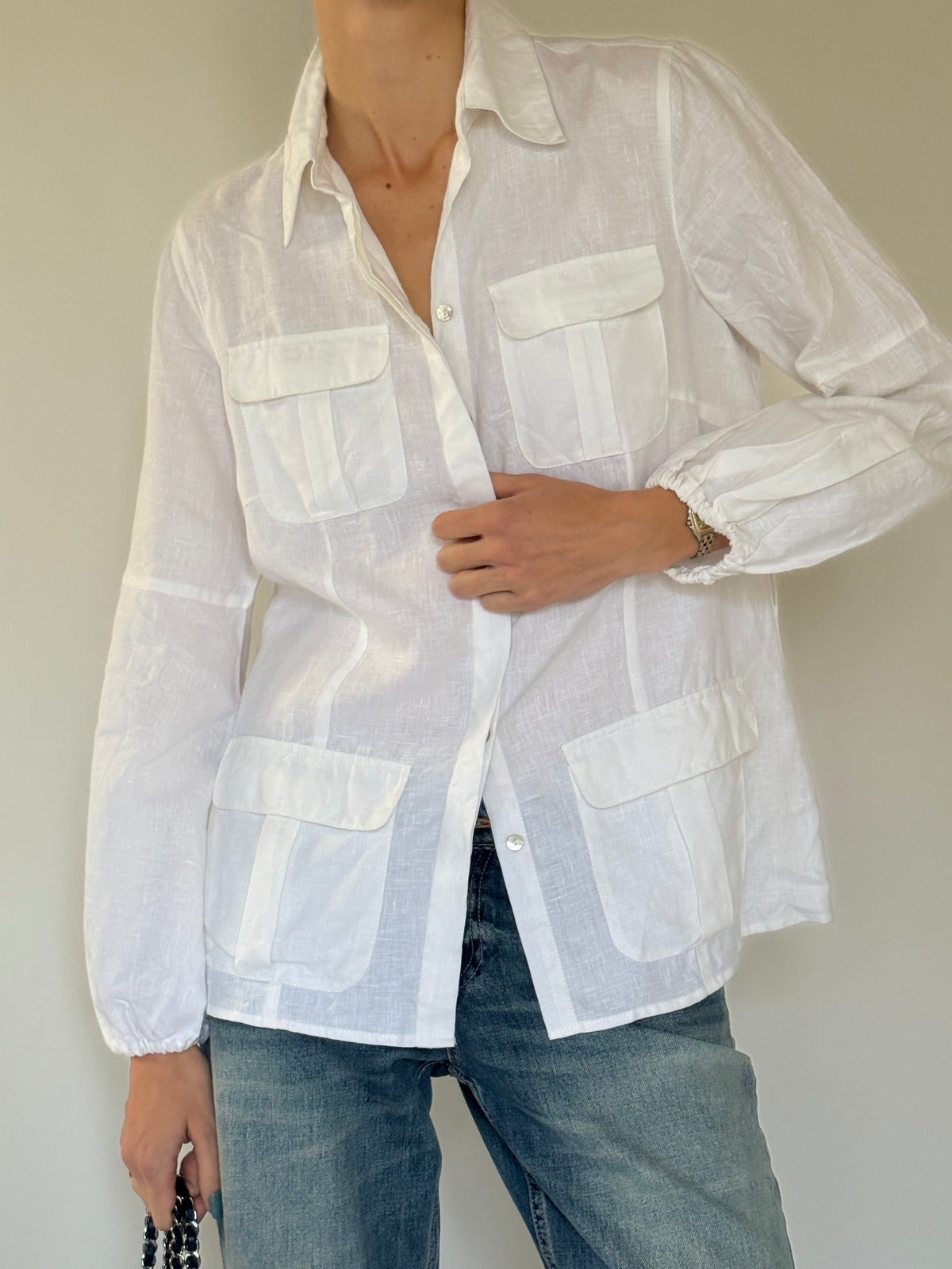 Vintage white linen shirt fabric close-up