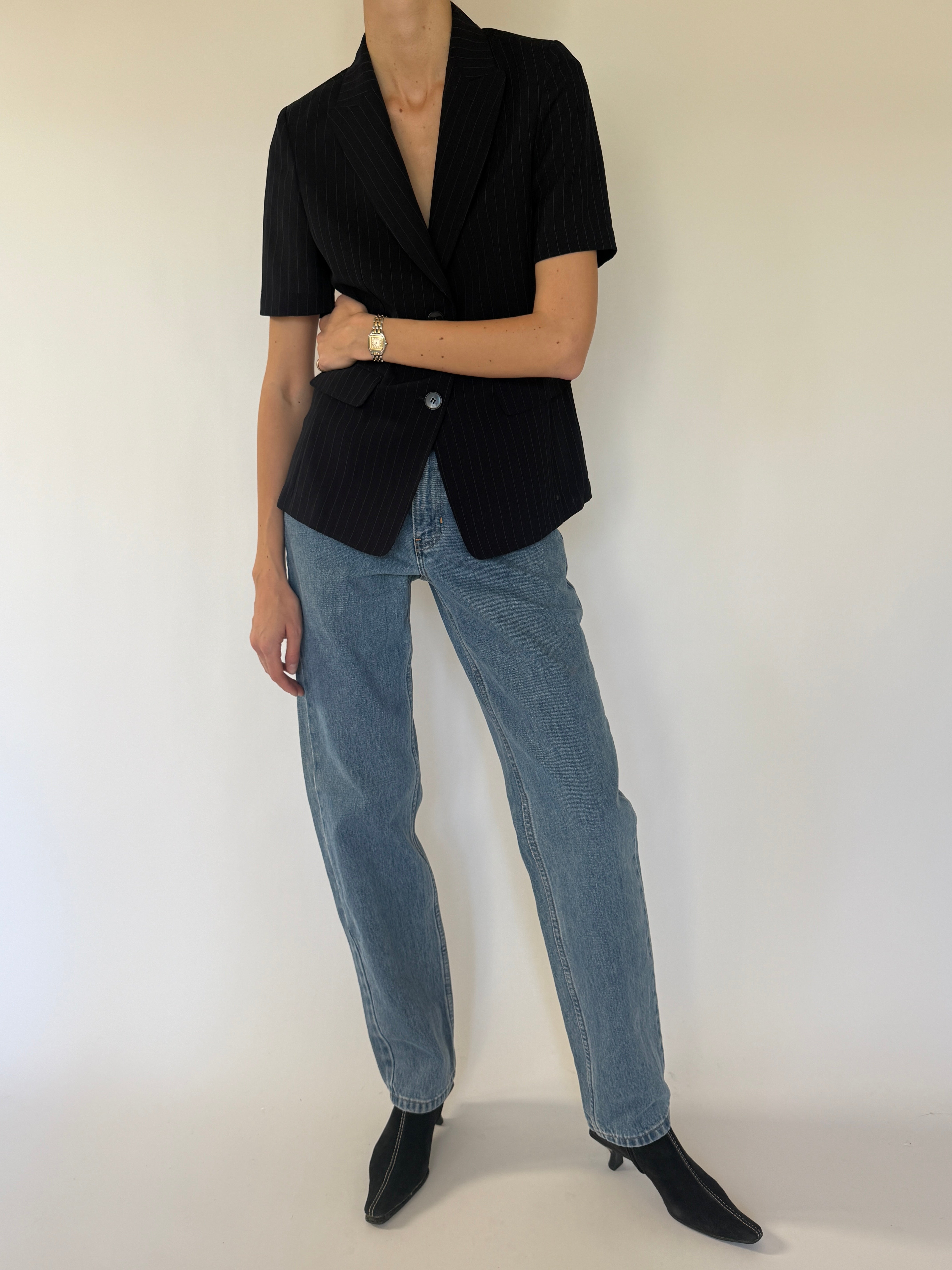 Vintage short sleeve pinstripe blazer button detail